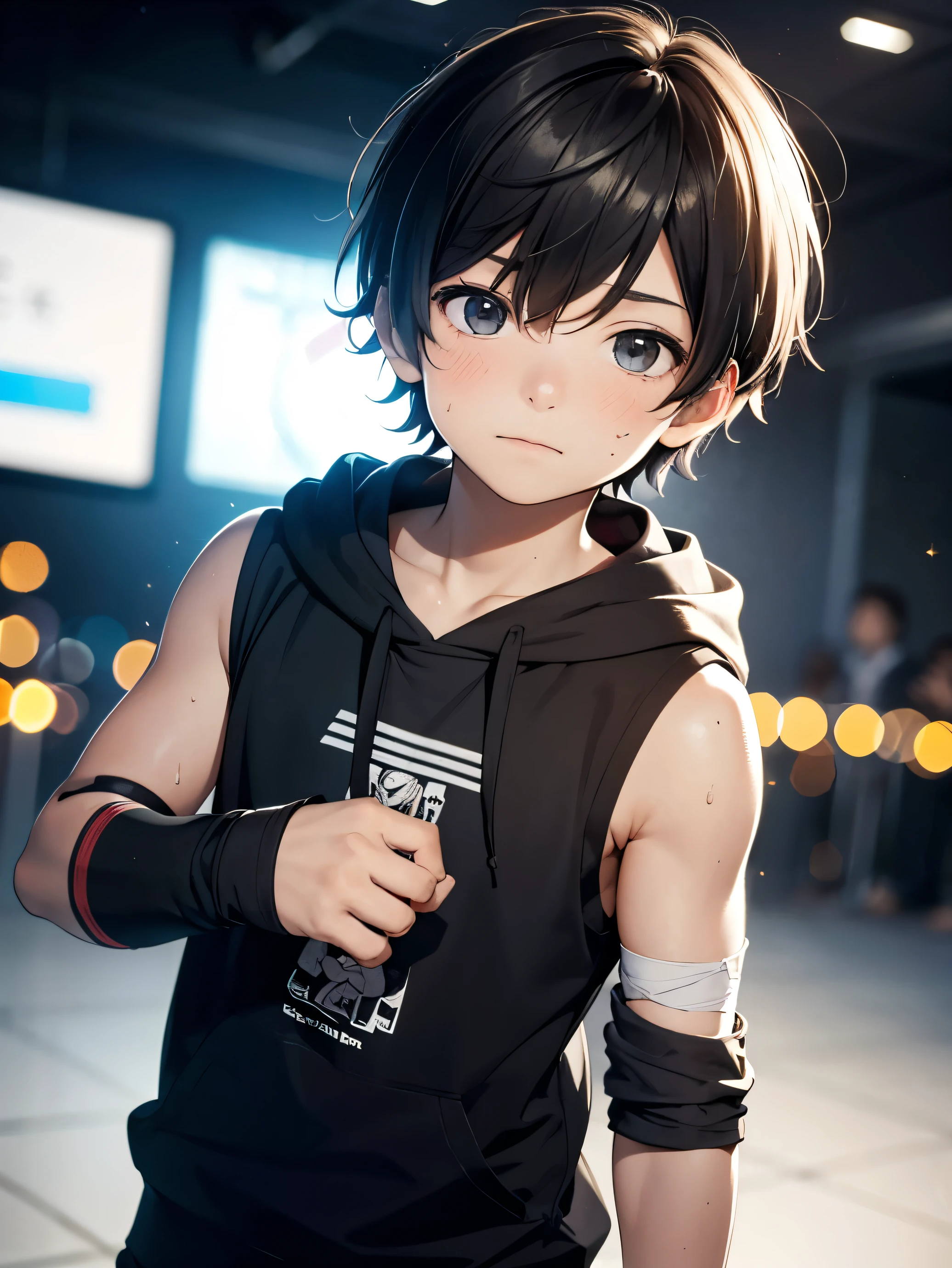 Highres, Masterpiece, Best quality at best,Best Quality,hight quality, hight detailed, 1boy, Boy,Messy hair, Side bangs, Shota, Sweat, Sleeveless hoodie, Glove, Depth of field, dymamic light, Seen from the front, Bandages on face, e boy, (very small and short stature), (very young boy), 12-ar-boys,urry and simple beckground, bokeh, Uhd