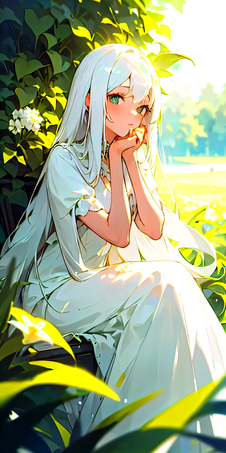 (masterpiece, best quality),1girl with long white hair sitting in a field of green plants and flowers, her hand under her chin, warm lighting, white dress, blurry foreground