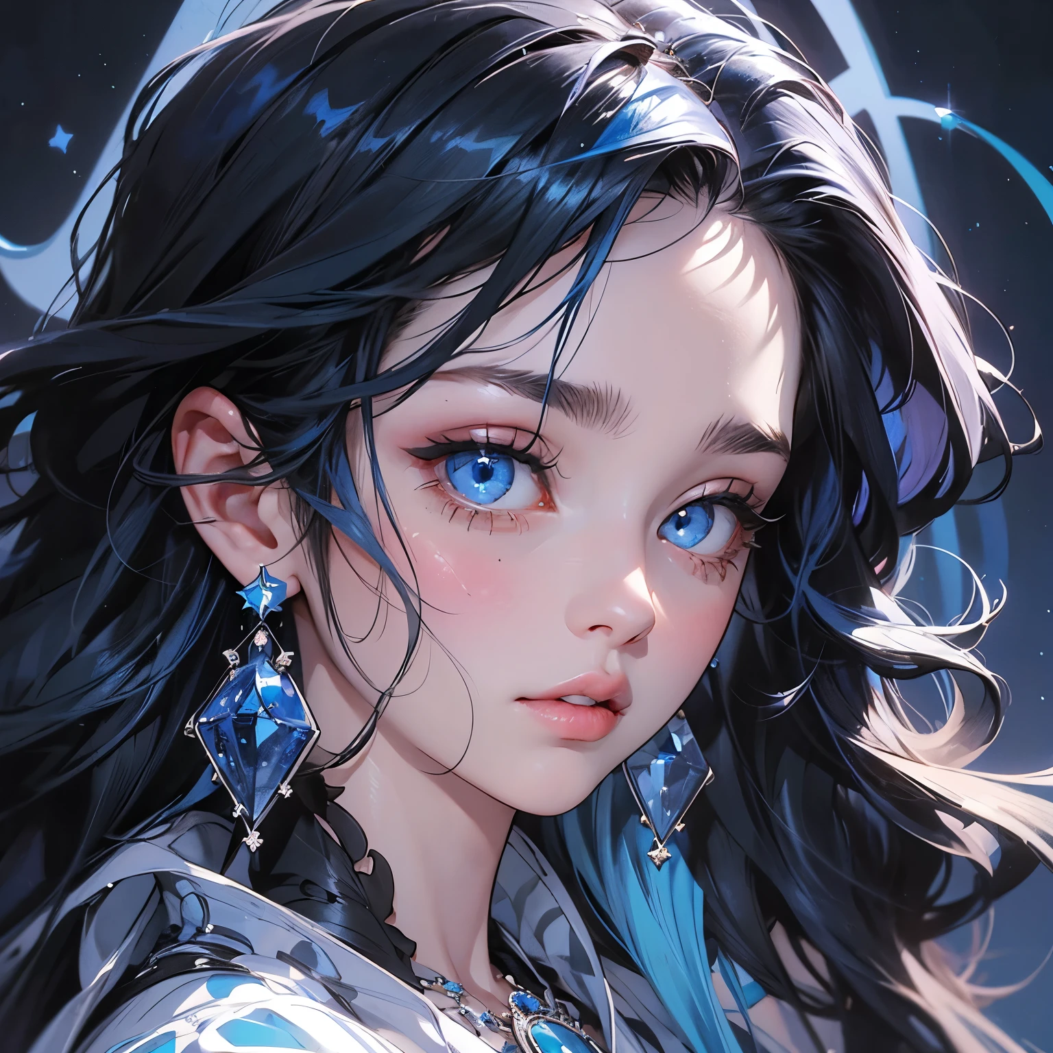 1girl, blue eyes, solo, jewelry, earrings, long hair, looking at viewer, bangs, blue hair, portrait, gem, crescent, parted lips, black background, blue theme, blue gemstone, lips, close-up, tears, black hair, star \(symbol\)