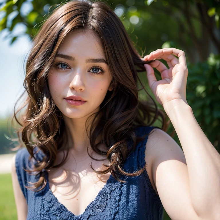 Girl curly brown hair blue eyes dimple on cheeks realistic