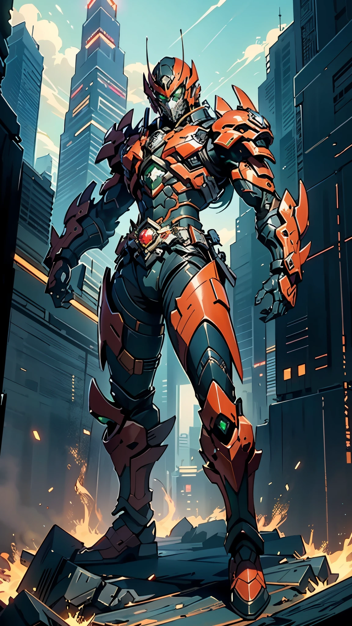 A man wearing a full-face helmet, a fantasy-style biotech armored combat suit, green eyes, (a composite layered chest armor), fully enclosed shoulder guards, matching arm and leg guards, the belt is adorned with dragon claw grasping orbs, (primarily black with red accents), the design balances heavy with agility, a high-tech bio-mecha armor, (lion concept Armor, stand on the top of a skyscraper in a futuristic sci-fi city), this character embodies a finely crafted fantasy-surreal style armored hero in anime style, exquisite and mature manga art style, (element, plasma, energy, the armor glows), ((male:1.5)), metallic, real texture material, dramatic, high definition, best quality, highres, ultra-detailed, ultra-fine painting, extremely delicate, professional, perfect body proportions, golden ratio, anatomically correct, symmetrical face, extremely detailed eyes and face, high quality eyes, creativity, RAW photo, UHD, 32k, Natural light, cinematic lighting, masterpiece-anatomy-perfect, masterpiece:1.5