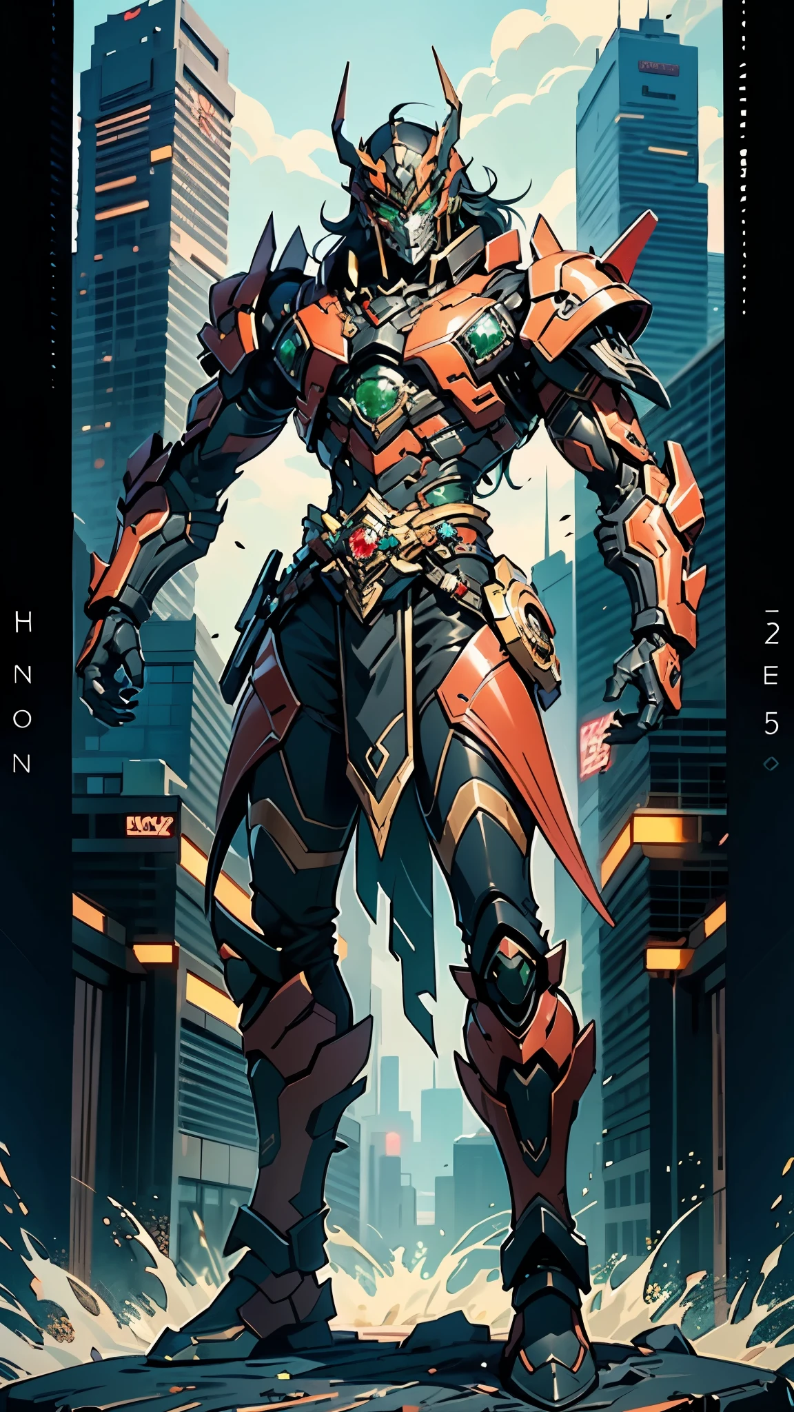 A man wearing a full-face helmet, a fantasy-style biotech armored combat suit, green eyes, (a composite layered chest armor), fully enclosed shoulder guards, matching arm and leg guards, the belt is adorned with dragon claw grasping orbs, (primarily black with red accents), the design balances heavy with agility, a high-tech bio-mecha armor, (lion concept Armor, stand on the top of a skyscraper in a futuristic sci-fi city), this character embodies a finely crafted fantasy-surreal style armored hero in anime style, exquisite and mature manga art style, (element, plasma, energy, the armor glows), ((male:1.5)), metallic, real texture material, dramatic, high definition, best quality, highres, ultra-detailed, ultra-fine painting, extremely delicate, professional, perfect body proportions, golden ratio, anatomically correct, symmetrical face, extremely detailed eyes and face, high quality eyes, creativity, RAW photo, UHD, 32k, Natural light, cinematic lighting, masterpiece-anatomy-perfect, masterpiece:1.5