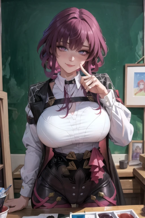 masterpiece, best quality, ultra detailed, watercolor and oil painting fusion, hot black artwork, white line art, beautiful woman, 1 woman, kafka, beauty, perfect anatomy, perfect eyes, perfect fingers, perfect hands, anime girl, sexy uniform, thight, breast, purple hair, seductive smile, room background, with a finger in her mouth, soft, seductive, hot, spicy,