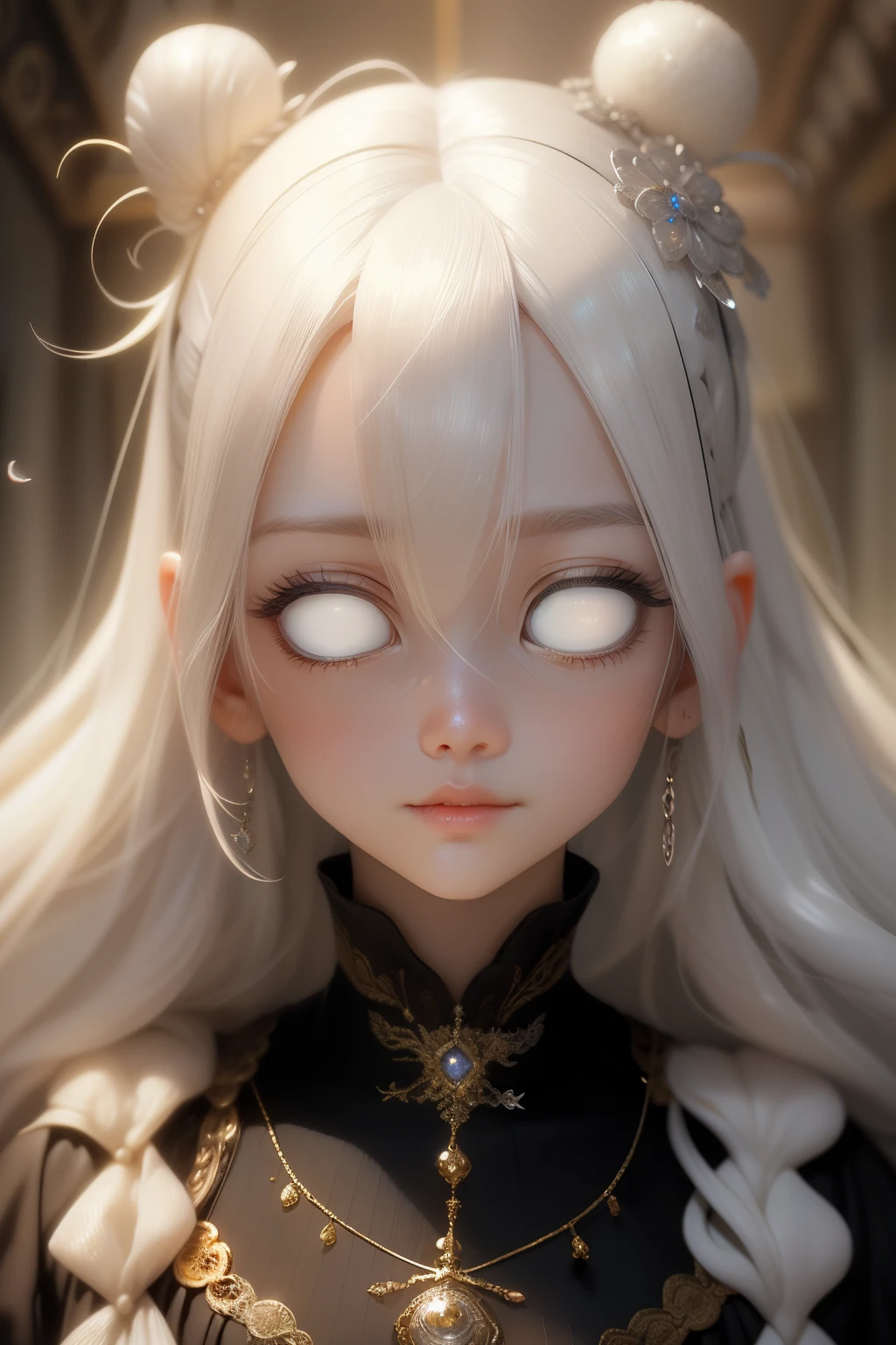 (This is a beautiful fantasy image that feels interesting.) Generate a (blind) decora Harajuku woman with curly hair and milky white eyes. Her face is important should be perfectly formed with puffy lips and perfect features. (Her eyes are important and are blank white and solid white.) Her clothing is colorful and torn, giving the appearance of a zombie apocalypse. Utilize dynamic composition to create a compelling and interesting image that appeals to viewers. Use dramatic lighting and cinematic lighting to enhance the overall quality of the image. Fantasy, cute, colorful, compelling, energetic, (shirome eyes:1.3), (smirking), ((no pupils)), ((no irises)), ((((blank eyes, empty eyes))))