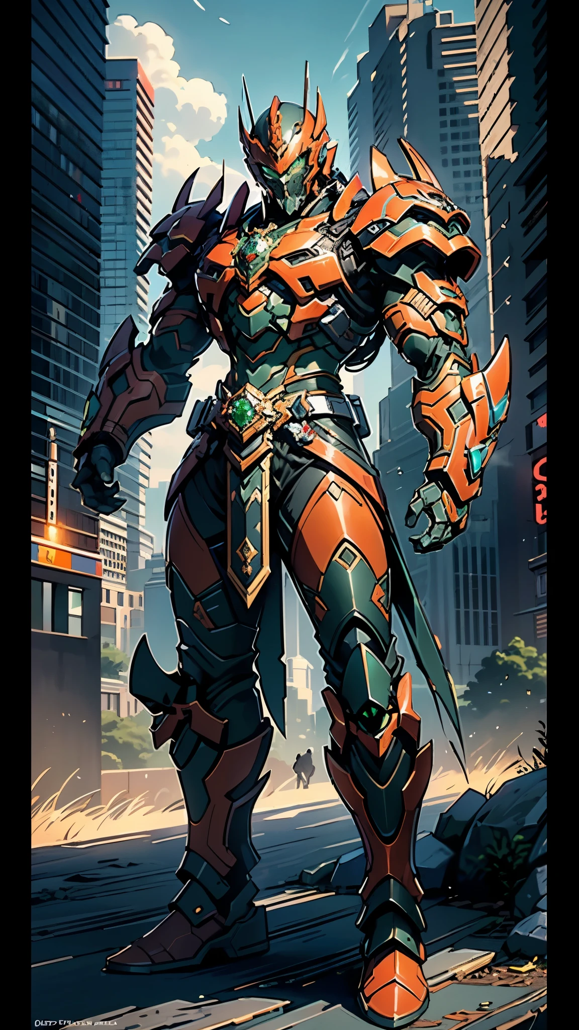 A man wearing a full-face helmet, a fantasy-style biotech armored combat suit, green eyes, (a composite layered chest armor), fully enclosed shoulder guards, matching arm and leg guards, the belt is adorned with dragon claw grasping orbs, (primarily black with red accents), the design balances heavy with agility, a high-tech bio-mecha armor, (lion concept Armor, stand on the top of a skyscraper in a futuristic sci-fi city), this character embodies a finely crafted fantasy-surreal style armored hero in anime style, exquisite and mature manga art style, (element, plasma, energy, the armor glows), ((male:1.5)), metallic, real texture material, dramatic, high definition, best quality, highres, ultra-detailed, ultra-fine painting, extremely delicate, professional, perfect body proportions, golden ratio, anatomically correct, symmetrical face, extremely detailed eyes and face, high quality eyes, creativity, RAW photo, UHD, 32k, Natural light, cinematic lighting, masterpiece-anatomy-perfect, masterpiece:1.5