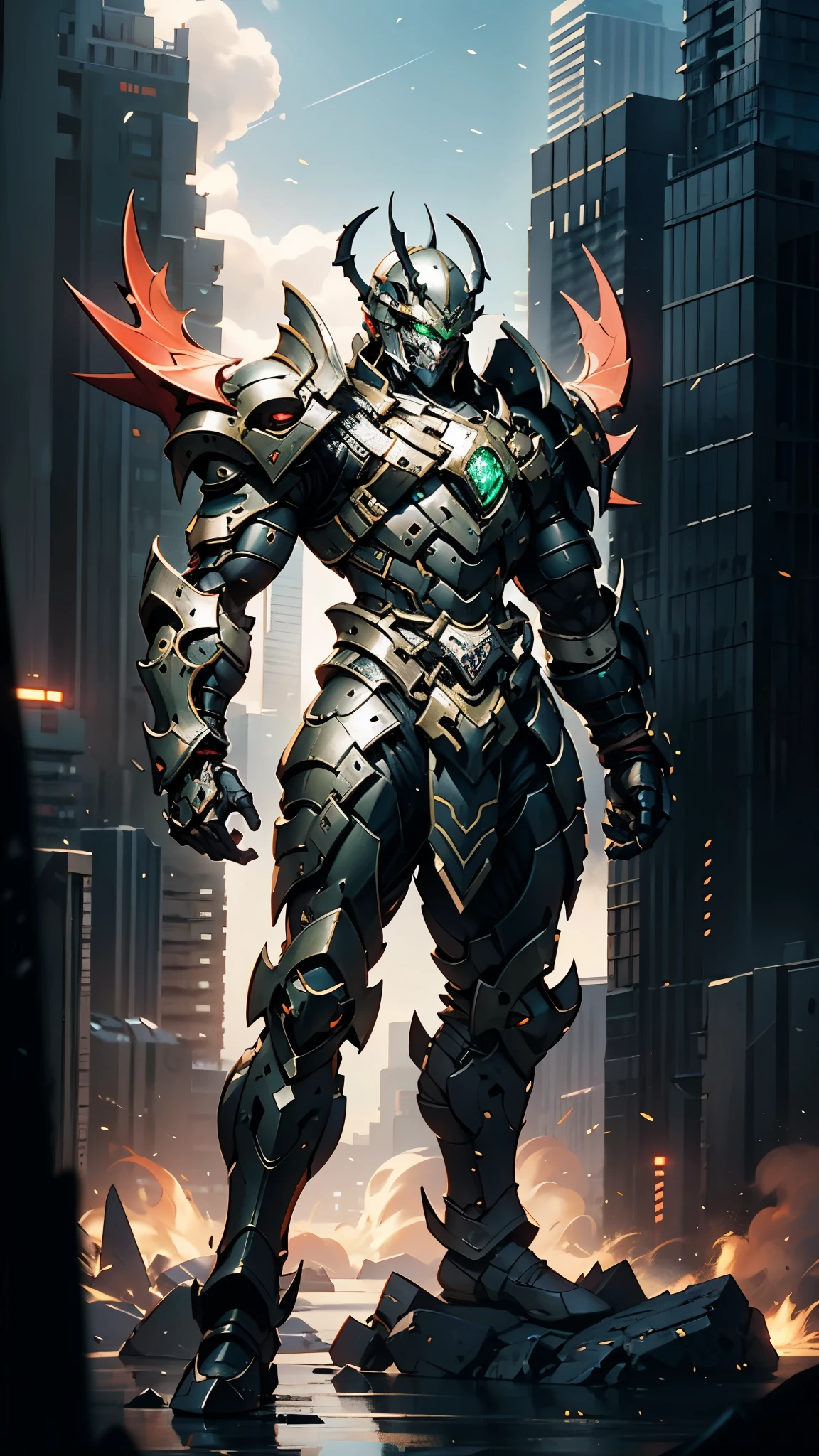 A man wearing a full-face helmet, a fantasy-style biotech armored combat suit, green eyes, (a composite layered chest armor), fully enclosed shoulder guards, matching arm and leg guards, the belt is adorned with Beetle-shaped gem, (the color scheme is primarily black with red accents), the design balances heavy with agility, a high-tech bio-mecha armor, (Dynastinae concept Armor, stand on the top of a skyscraper in a futuristic sci-fi city), this character embodies a finely crafted fantasy-surreal style armored hero in anime style, exquisite and mature manga art style, (element, plasma, energy, the armor glows), ((male:1.5)), metallic, real texture material, dramatic, high definition, best quality, highres, ultra-detailed, ultra-fine painting, extremely delicate, professional, perfect body proportions, golden ratio, anatomically correct, symmetrical face, extremely detailed eyes and face, high quality eyes, creativity, RAW photo, UHD, 32k, Natural light, cinematic lighting, masterpiece-anatomy-perfect, masterpiece:1.5