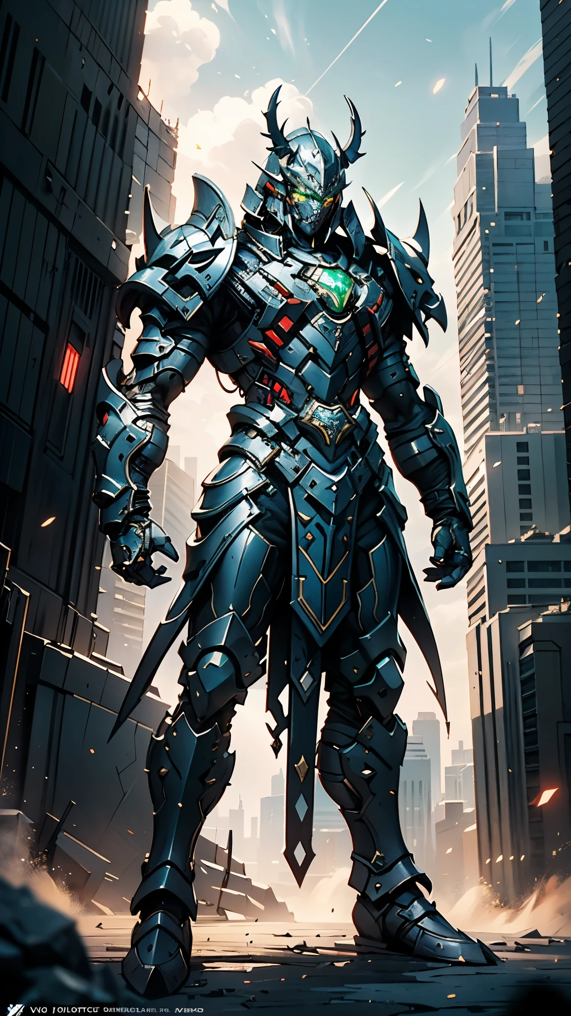 A man wearing a full-face helmet, a fantasy-style biotech armored combat suit, green eyes, (a composite layered chest armor), fully enclosed shoulder guards, matching arm and leg guards, the belt is adorned with Beetle-shaped gem, (the color scheme is primarily black with red accents), the design balances heavy with agility, a high-tech bio-mecha armor, (Dynastinae concept Armor, stand on the top of a skyscraper in a futuristic sci-fi city), this character embodies a finely crafted fantasy-surreal style armored hero in anime style, exquisite and mature manga art style, (element, plasma, energy, the armor glows), ((male:1.5)), metallic, real texture material, dramatic, high definition, best quality, highres, ultra-detailed, ultra-fine painting, extremely delicate, professional, perfect body proportions, golden ratio, anatomically correct, symmetrical face, extremely detailed eyes and face, high quality eyes, creativity, RAW photo, UHD, 32k, Natural light, cinematic lighting, masterpiece-anatomy-perfect, masterpiece:1.5