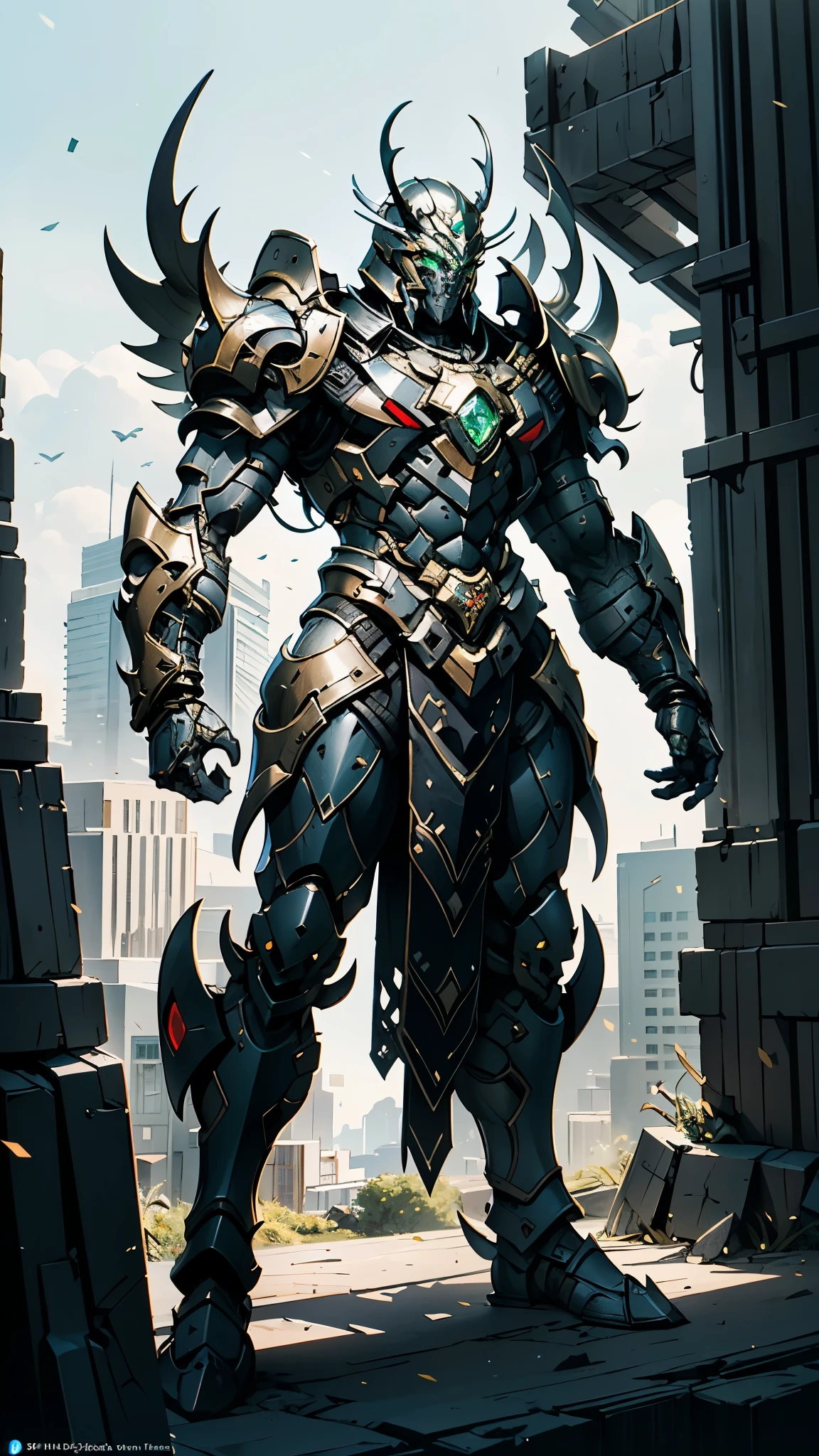 A man wearing a full-face helmet, a fantasy-style biotech armored combat suit, green eyes, (a composite layered chest armor), fully enclosed shoulder guards, matching arm and leg guards, the belt is adorned with Beetle-shaped gem, (the color scheme is primarily black with red accents), the design balances heavy with agility, a high-tech bio-mecha armor, (Dynastinae concept Armor, stand on the top of a skyscraper in a futuristic sci-fi city), this character embodies a finely crafted fantasy-surreal style armored hero in anime style, exquisite and mature manga art style, (element, plasma, energy, the armor glows), ((male:1.5)), metallic, real texture material, dramatic, high definition, best quality, highres, ultra-detailed, ultra-fine painting, extremely delicate, professional, perfect body proportions, golden ratio, anatomically correct, symmetrical face, extremely detailed eyes and face, high quality eyes, creativity, RAW photo, UHD, 32k, Natural light, cinematic lighting, masterpiece-anatomy-perfect, masterpiece:1.5