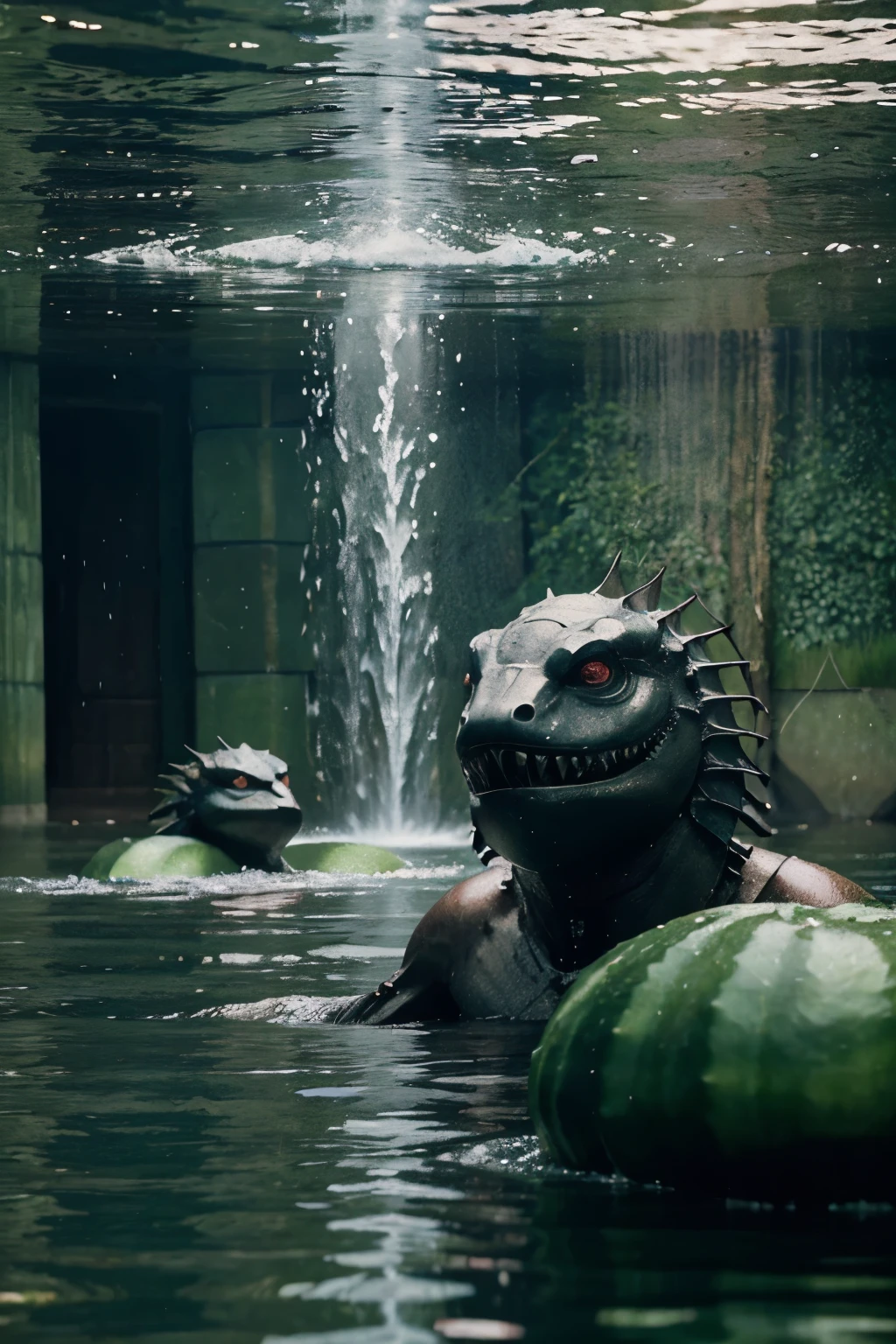 create an image with this information legendary creatures similar to water demons. They live in rivers and lakes and have been known to pull people into the water.. No entanto, They are also mischievous creatures and have weaknesses, like your obsession with etiquette and cucumbers.