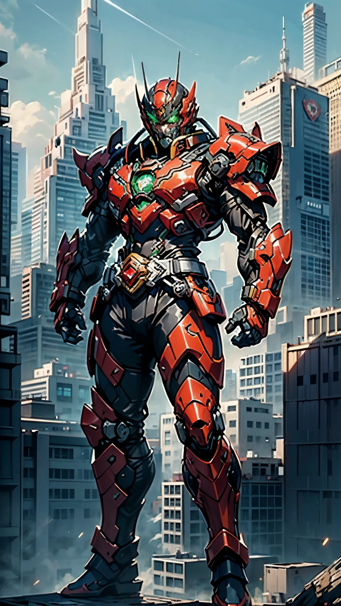 A man wearing a full-face helmet, a fantasy-style biotech armored combat suit, green eyes, (a composite layered chest armor), fully enclosed shoulder guards, matching arm and leg guards, the belt is adorned with Beetle-shaped gem, (the color scheme is primarily black with red accents), the design balances heavy with agility, a high-tech bio-mecha armor, (Dynastinae concept Armor, stand on the top of a skyscraper in a futuristic sci-fi city), this character embodies a finely crafted fantasy-surreal style armored hero in anime style, exquisite and mature manga art style, (element, plasma, energy, the armor glows), ((male:1.5)), metallic, real texture material, dramatic, high definition, best quality, highres, ultra-detailed, ultra-fine painting, extremely delicate, professional, perfect body proportions, golden ratio, anatomically correct, symmetrical face, extremely detailed eyes and face, high quality eyes, creativity, RAW photo, UHD, 32k, Natural light, cinematic lighting, masterpiece-anatomy-perfect, masterpiece:1.5