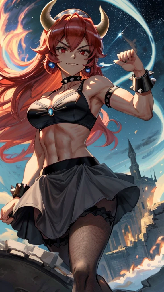 [redbowsette], [Princess_Peach], [Uploaded to rule34.xxx; (suoiresnu), (nekololisama)], ((masterpiece)), ((HD)), ((solo portrait)), ((front view)), ((anime)),  ((beautiful render art)), ((detailed shading)), ((intricate detail)), {bowsette; (athletic body), dark skin, cute red eyes, long eyelashes, long red hair, (gorgeous wide hips), (beautiful muscular legs), (thick thighs), (defined arm muscles), (defined abs), (smug smirk), (sharp white teeth)}, {(short black dress), (black bra), (midriff), (spike bracers), (spike choker), (red pendant on chest), (spike red earrings), (black heels), (fishnet pantyhose), (upskirt black panties)}, {(standing), (looking at viewer), (dynamic pose)}, [Background; (castle ruins), (Volcano), (dark starry sky), (lava), (smoke)]