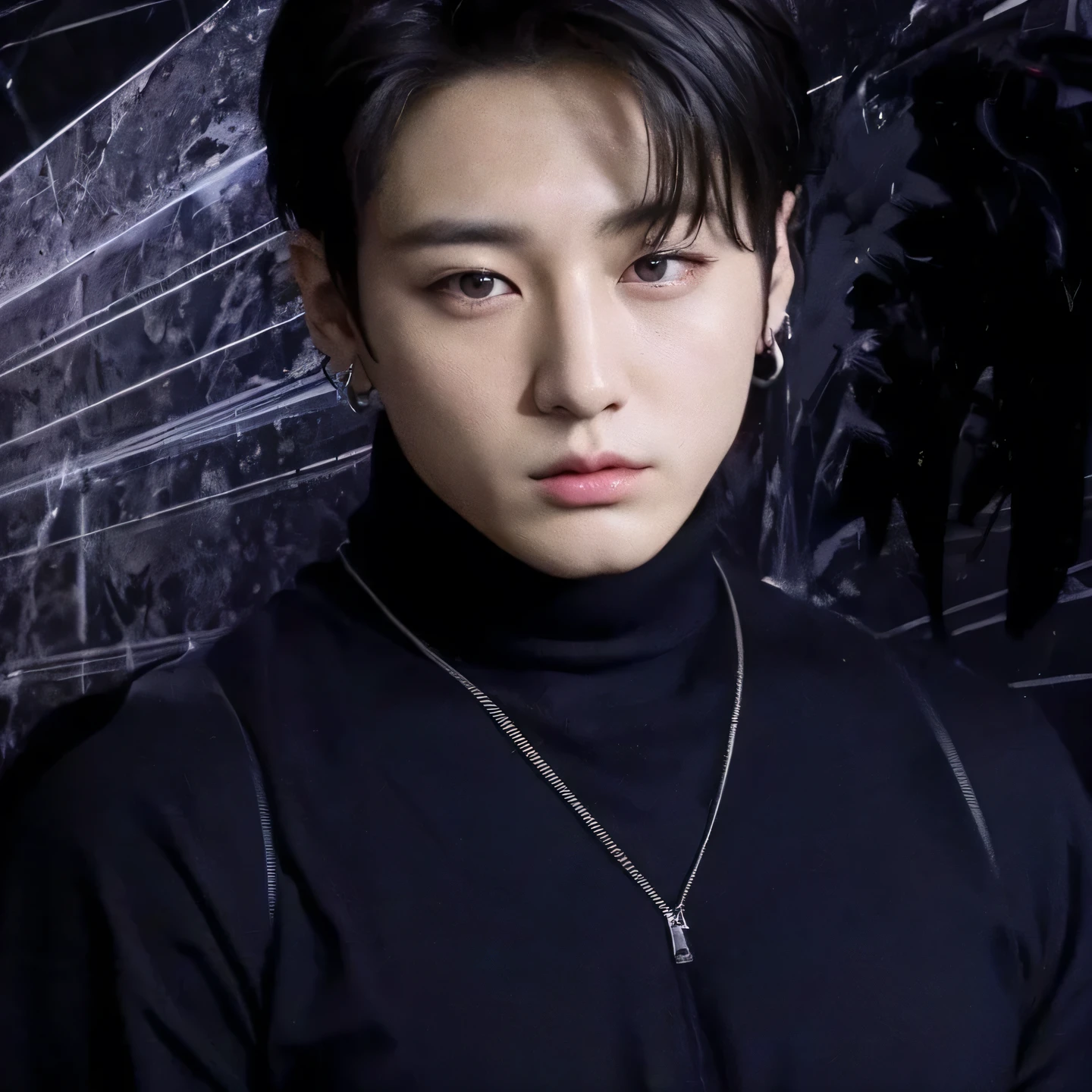 Jungkook from bts serious looking to the side of the camera Dressed entirely in black, very sexy image in the best quality 4k