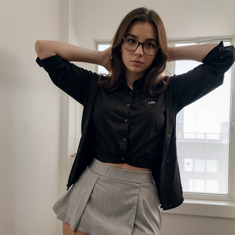 Brunette teen, school uniform, pussy outline