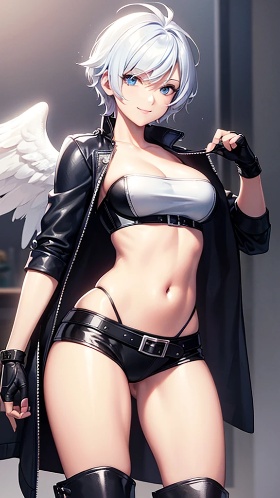 Angel kof,blue eyes,short hair,white hair,hair over one eyes, navel, cowboy boots, cleavage, 1girl, jacket, cropped jacket, leather, fingerless gloves, underwear, panties, chaps, gloves, boots, strapless, smile, leather jacket, solo, strapless bra, toned