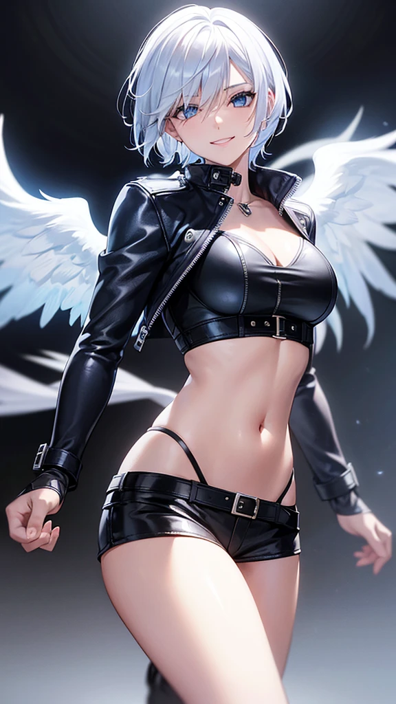 Angel kof,blue eyes,short hair,white hair,hair over one eyes, navel, cowboy boots, cleavage, 1girl, jacket, cropped jacket, leather, fingerless gloves, underwear, panties, chaps, gloves, boots, strapless, smile, leather jacket, solo, strapless bra, toned