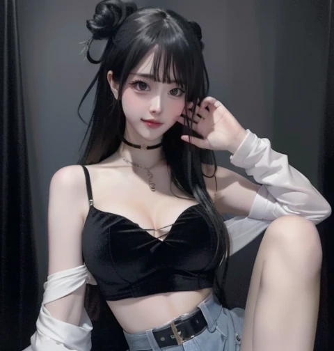 8K, hyper realisitc, tmasterpiece, Best quality at best, ultra - detailed, A high resolution, Random background, 1个Giant Breast Girl, (:1.5), Willow waist, Wide hips, knees, the night , 's, choker necklace, 耳Nipple Ring,show the cleavage
