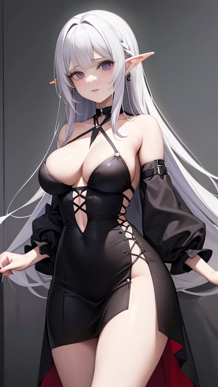 Una mujer joven, cabello blanco y largo, ojos rojos y orejas de elfo, lleva un vestido ajustado, el vestido es totalmente morado y corto, y muy elegante, She wears long black gothic boots and long gloves, The purple dress 🟣 has a neckline that shows off her big breasts, she has a small waist and big breasts, and his expression is serious,(cabello blanco y largo, ojos rojos como la sangre y orejas de elfo, su color de cabello es totalmente blanco como la porcelana, su cabello blanco es muy brillante y no lo tiene suelto.)