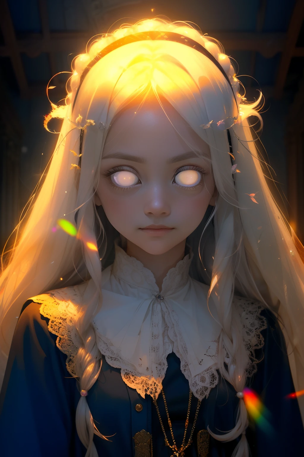 (This is a beautiful fantasy image that feels interesting.) Generate a (blind) decora Harajuku woman with curly hair and milky white eyes. Her face is important should be perfectly formed with puffy lips and perfect features. (Her eyes are important and are blank white and solid white.) Her clothing is colorful and torn, giving the appearance of a zombie apocalypse. Utilize dynamic composition to create a compelling and interesting image that appeals to viewers. Use dramatic lighting and cinematic lighting to enhance the overall quality of the image. Fantasy, cute, colorful, compelling, energetic, (shirome eyes:1.3), (smirking), ((no pupils)), ((no irises)), ((((blank eyes, empty eyes))))
