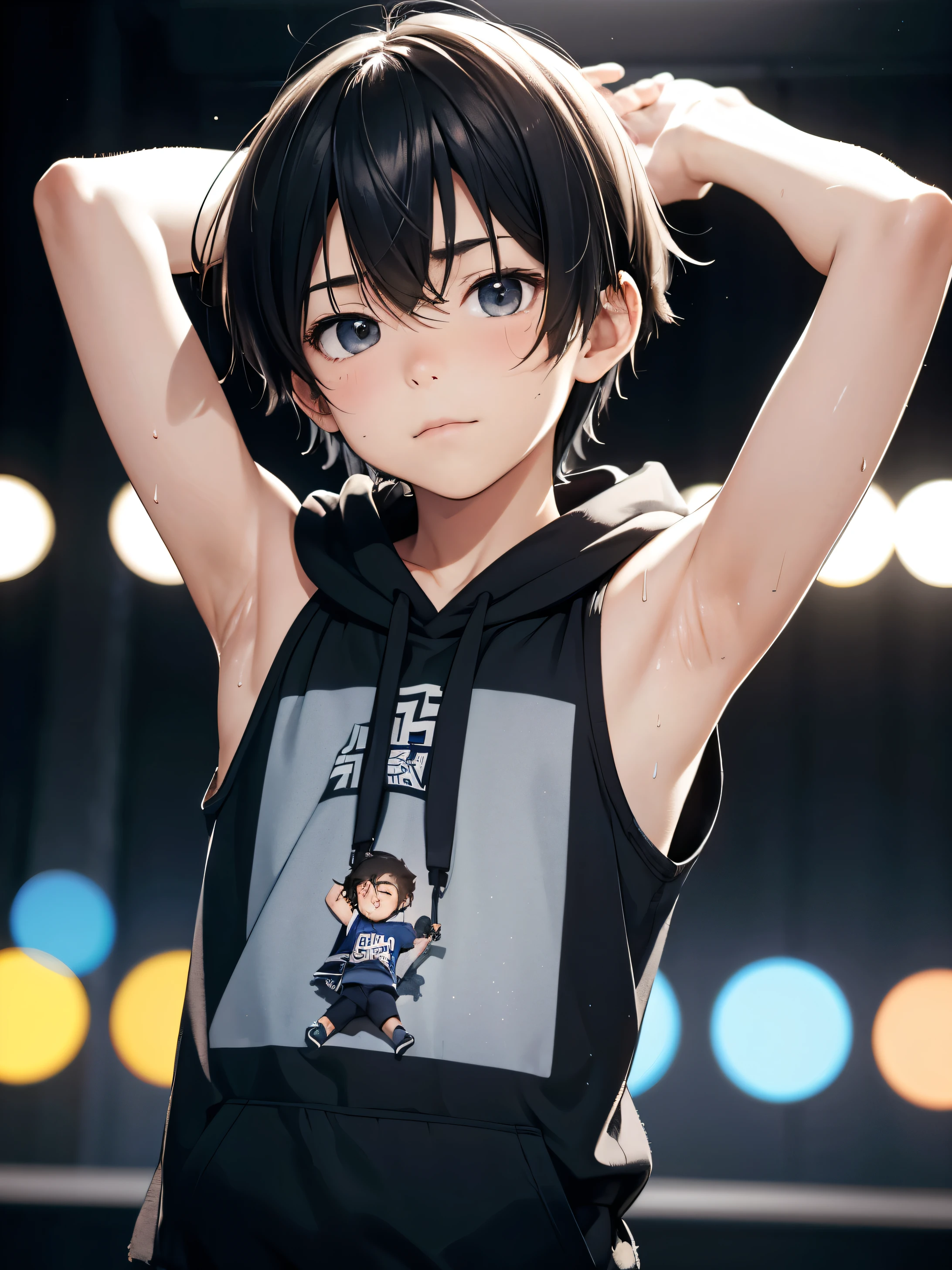Highres, Masterpiece, Best quality at best,Best Quality,hight quality, hight detailed, 1boy, Boy,Messy hair, Side bangs, Shota, Sweat, Sleeveless hoodie, Depth of field, dymamic light, Seen from the front, Cute boy, (Showing armpit:1.3), (very small and short stature), (very young boy), 12-year-old boys, Blurry and simple beckground, bokeh, Uhd