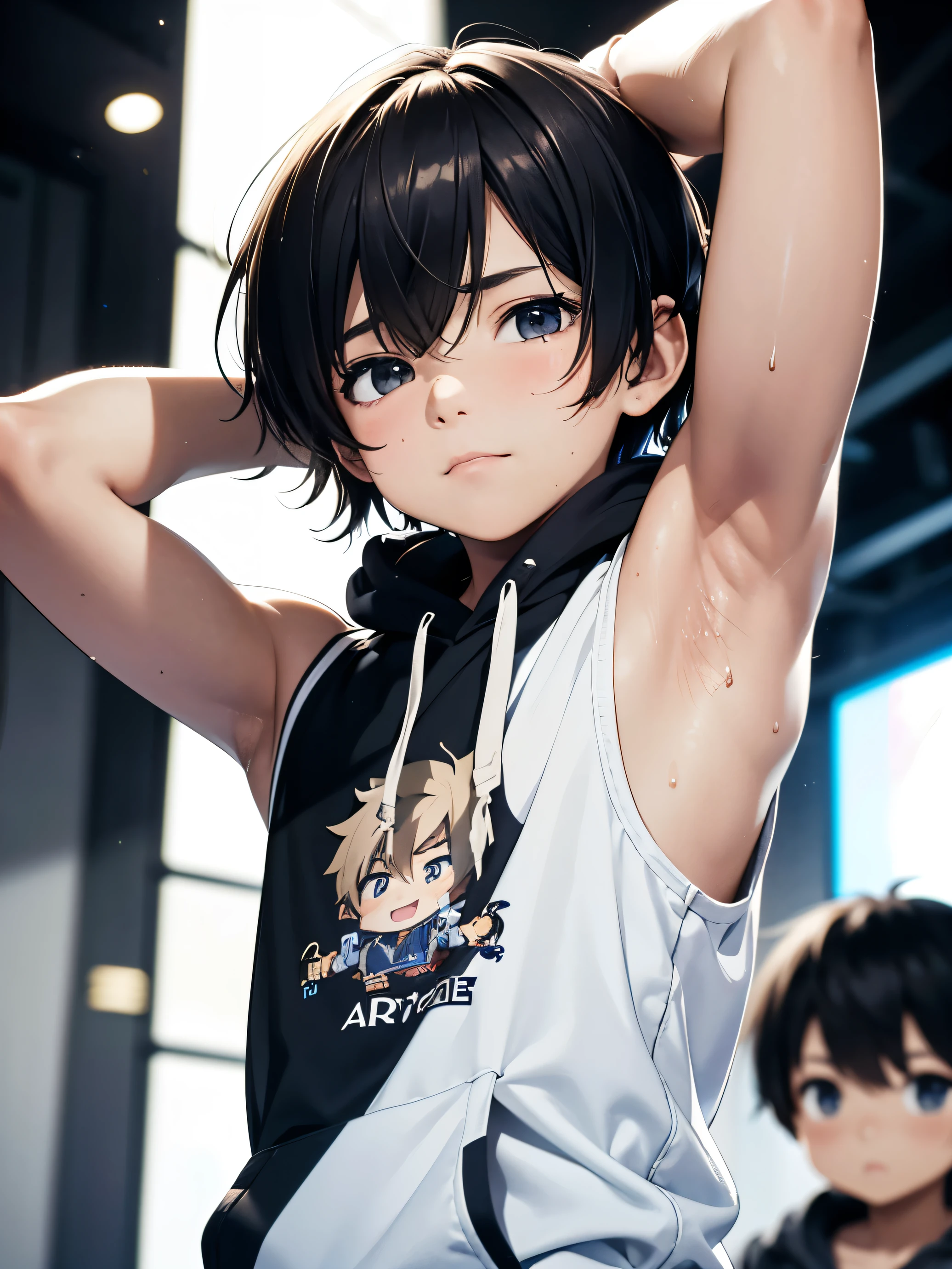 Highres, Masterpiece, Best quality at best,Best Quality,hight quality, hight detailed, 1boy, Boy,Messy hair, Side bangs, Shota, Sweat, Sleeveless hoodie, Depth of field, dymamic light, Seen from the front, Cute boy, (Showing armpit:1.3), (very small and short stature), (very young boy), -yeld bo Blurry and simple beckground, bokeh, Uhd