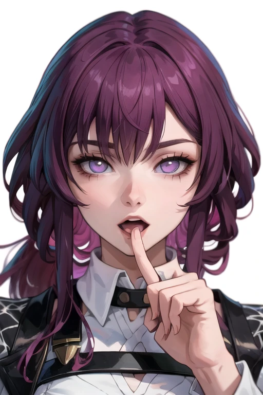 masterpiece, best quality, ultra detailed, watercolor and oil painting fusion, hot black artwork, white line art, beautiful woman, 1 woman, kafka, beauty, perfect anatomy, perfect eyes, perfect fingers, perfect hands, anime girl, older woman, sexy uniform, thight, breast, purple hair, seductive smile, room background, with a finger inside her mouth, open mouth, soft, close up, portrait, seductive, hot, spicy,
