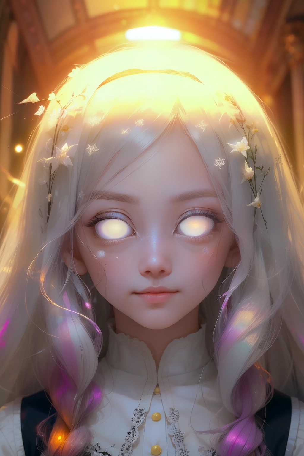 (This is a beautiful fantasy image that feels interesting.) Generate a (blind) decora Harajuku woman with curly hair and milky white eyes. Her face is important should be perfectly formed with puffy lips and perfect features. (Her eyes are important and are blank white and solid white.) Her clothing is colorful and torn, giving the appearance of a zombie apocalypse. Utilize dynamic composition to create a compelling and interesting image that appeals to viewers. Use dramatic lighting and cinematic lighting to enhance the overall quality of the image. Fantasy, cute, colorful, compelling, energetic, (shirome eyes:1.3), (smirking), ((no pupils)), ((no irises)), ((((blank eyes, empty eyes))))