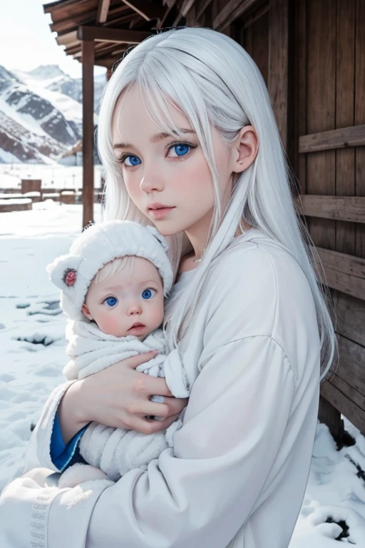 A baby with blue eyes, cabello rubio, largo ondulado, con un perrito pomeriano, un cachorro de leon blanco, de ojos azules, albino, blanco como la.nieve