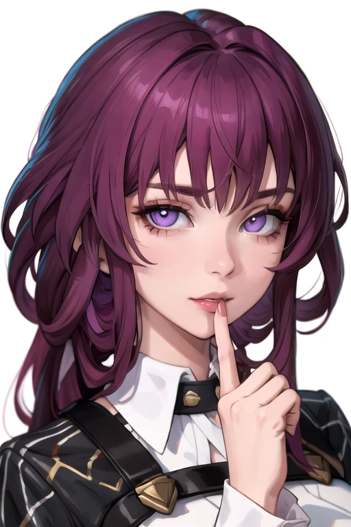 masterpiece, best quality, ultra detailed, watercolor and oil painting fusion, hot black artwork, white line art, beautiful woman, 1 woman, kafka, beauty, perfect anatomy, perfect eyes, perfect fingers, perfect hands, anime girl, sexy uniform, thight, breast, purple hair, seductive smile, room background, with a finger in her mouth, soft, close up, portrait, seductive, hot, spicy, flirty, 