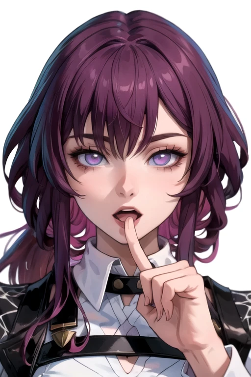masterpiece, best quality, ultra detailed, watercolor and oil painting fusion, hot black artwork, white line art, beautiful woman, 1 woman, kafka, beauty, perfect anatomy, perfect eyes, perfect fingers, perfect hands, anime girl, older woman, sexy uniform, thight, breast, purple hair, seductive smile, room background, with a finger inside her mouth, open mouth, soft, close up, portrait, seductive, hot, spicy, circle sunglasses on her head,