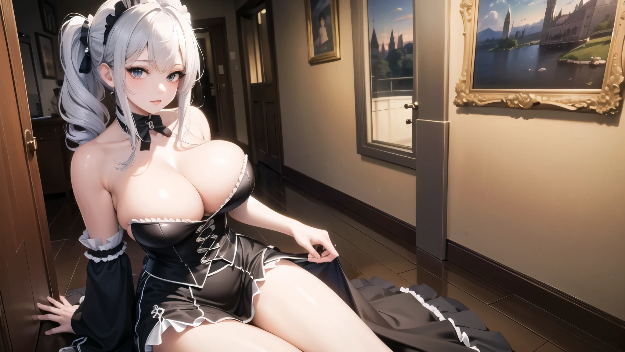 (((masterpiece, best quality))), (((superior quality))), cute girl, ((extremely detailed girl)), ((huge breasts)), maid, (bare shoulders), strapless top