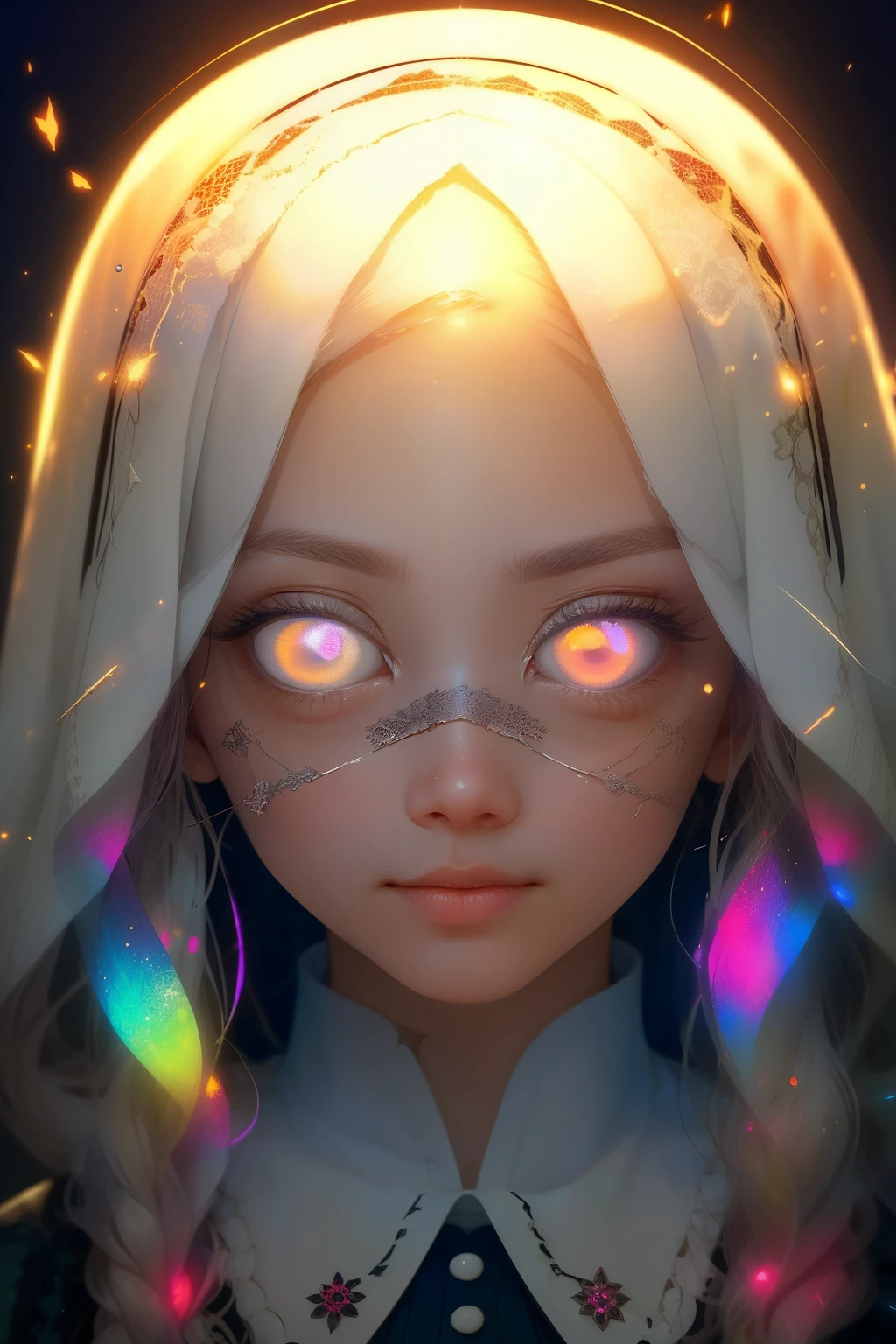 (This is a beautiful fantasy image that feels interesting.) Generate a (blind) decora Harajuku woman with curly hair and milky white eyes. Her face is important should be perfectly formed with puffy lips and perfect features. (Her eyes are important and are blank white and solid white.) Her clothing is colorful and torn, giving the appearance of a zombie apocalypse. Utilize dynamic composition to create a compelling and interesting image that appeals to viewers. Use dramatic lighting and cinematic lighting to enhance the overall quality of the image. Fantasy, cute, colorful, compelling, energetic, (shirome eyes:1.3), (smirking), ((no pupils)), ((no irises)), ((((blank eyes, empty eyes))))
