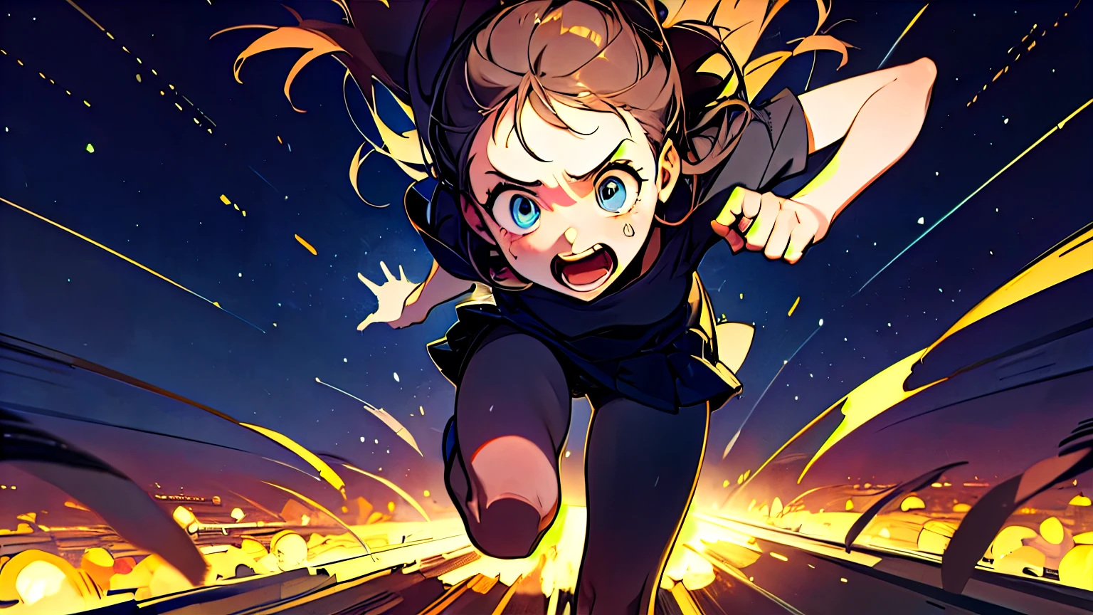 A girl, Terrified, detailed face, running away from someone on a starry night