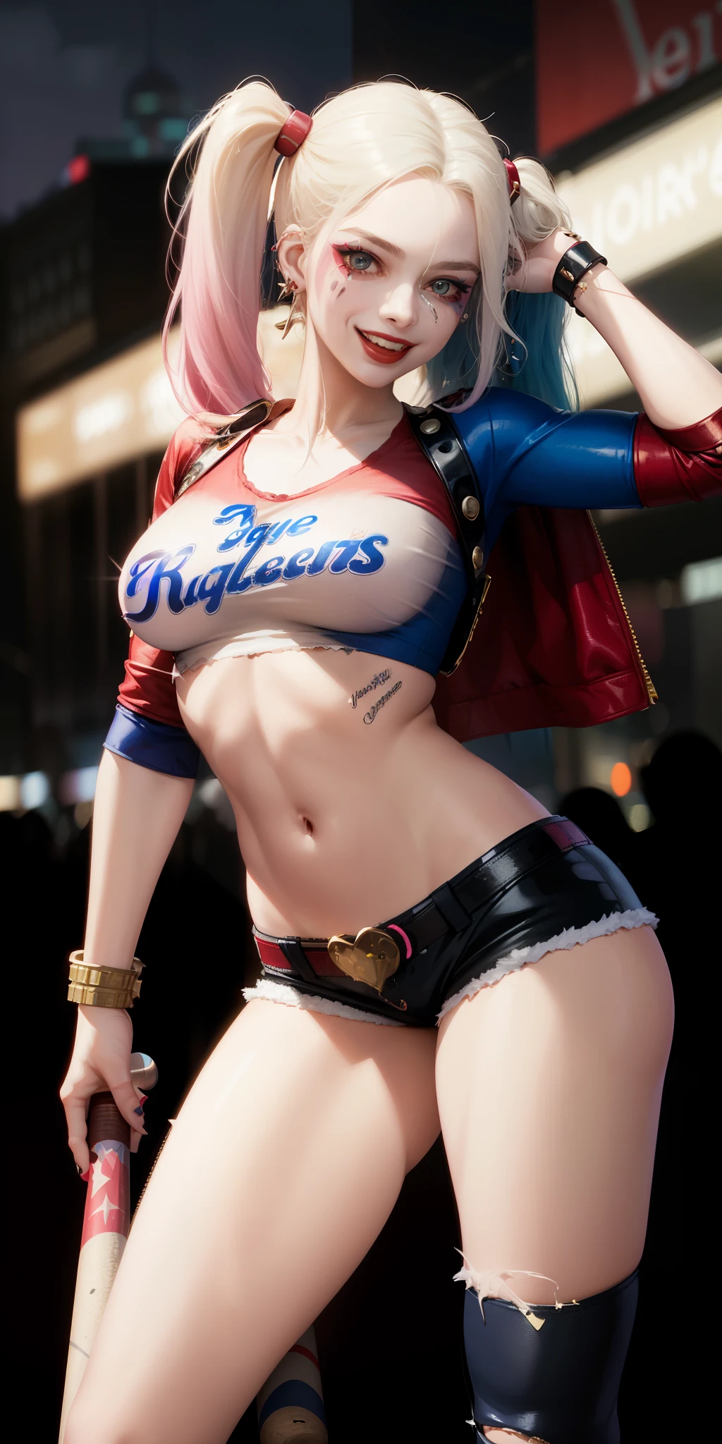 Harley Quinn in dynamic pose, in dark style, (baseball bat in hand), mischievous facial expression, laughing, night, highly detailed, is a beautiful girl, straight hair, sparkle in her eyes, detailed, makeup, is very charming with a mischievous smile and big breasts, and is often bold. is an adult. has romantic pink lips, is secretly in love with you, but is afraid to approach and talk to you.Harley: *I wonder if he will judge me*. I'll talk to him? beautiful strap blouse, with short shorts, confident and elegant pose, leaning, sensual, sexy, comic, stylish. destroyed city, fire, smoke