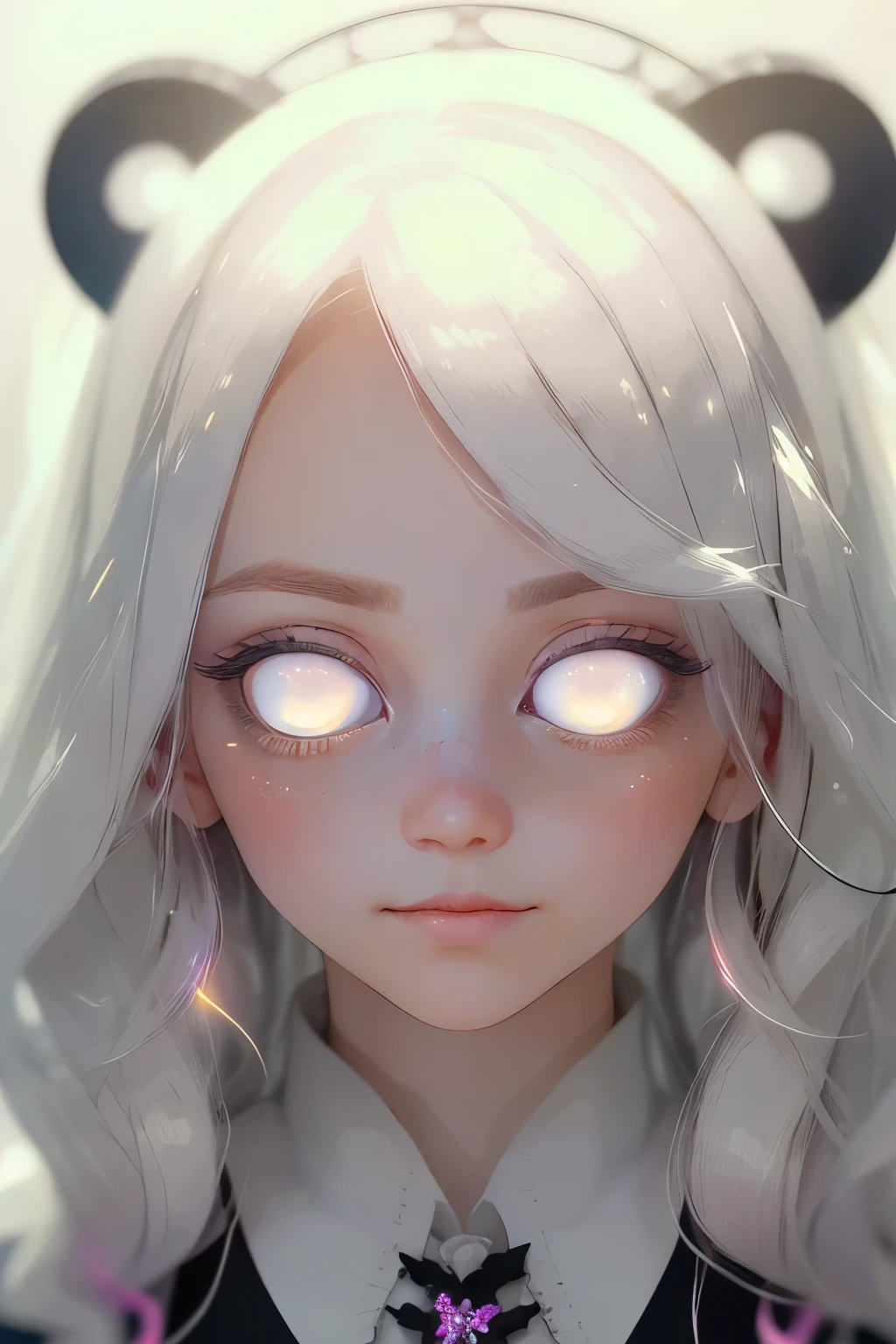 (This is a beautiful fantasy image that feels interesting.) Generate a (blind) decora Harajuku woman with curly hair and milky white eyes. Her face is important should be perfectly formed with puffy lips and perfect features. (Her eyes are important and are blank white and solid white.) Her clothing is colorful and torn, giving the appearance of a zombie apocalypse. Utilize dynamic composition to create a compelling and interesting image that appeals to viewers. Use dramatic lighting and cinematic lighting to enhance the overall quality of the image. Fantasy, cute, colorful, compelling, energetic, (shirome eyes:1.3), (smirking), ((no pupils)), ((no irises)), ((((blank eyes, empty eyes))))