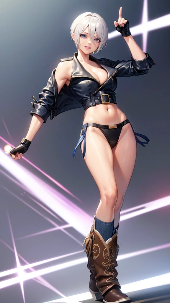 Angel kof,blue eyes,short hair,white hair,hair over one eyes, navel, cowboy boots, cleavage, 1girl, jacket, cropped jacket, leather, fingerless gloves, underwear, panties, chaps, gloves, boots, strapless, smile, leather jacket, solo, strapless bra, toned