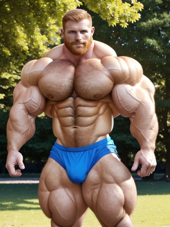 hyper massive muscles, extraordinary attractive European man with radiant blue eyes, (handsome:1.5), (gorgeous:1.6), (beautiful:1.3), ginger, short hair, rugged, park, sunny day, (ginger:1.0), (defined muscles:1.5), vascular,