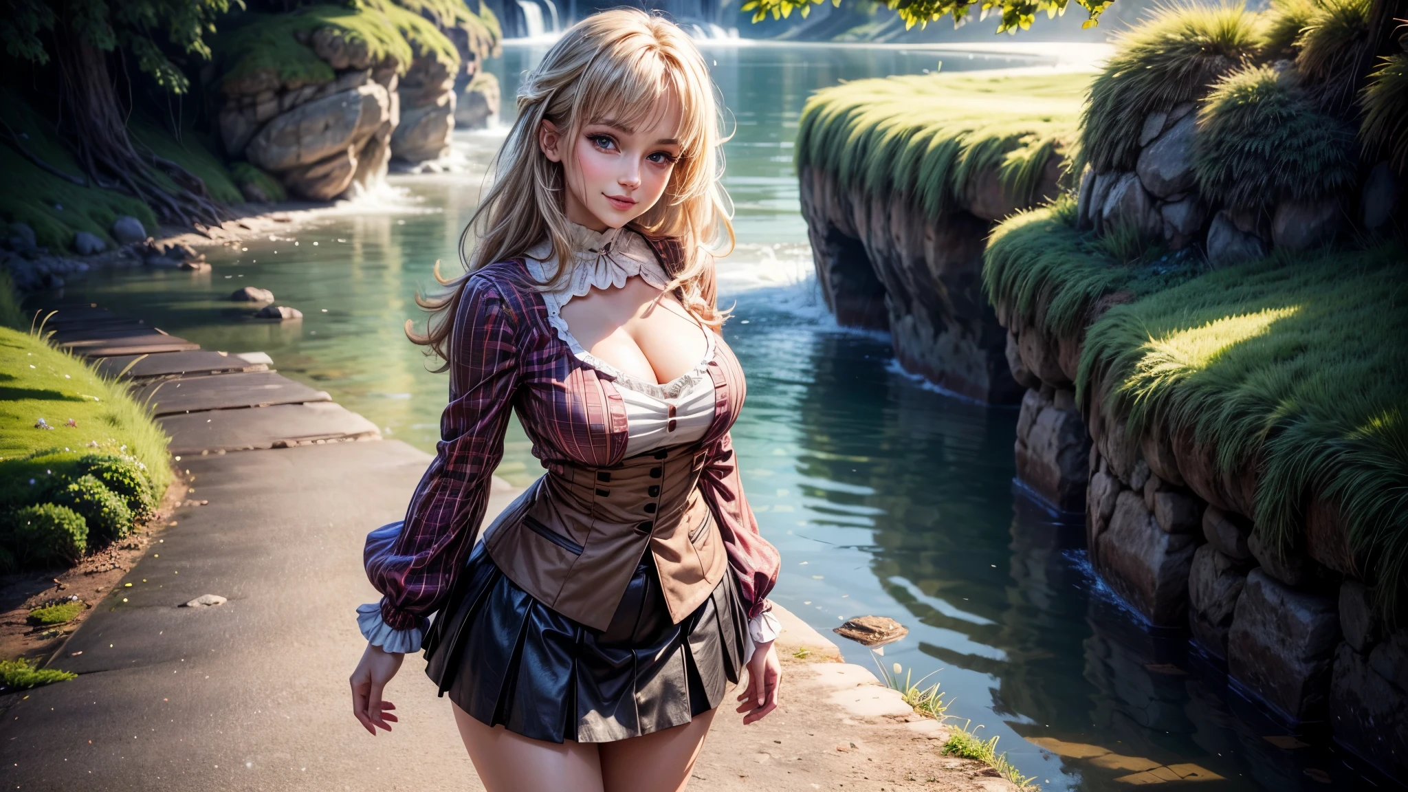 Beautiful woman, 8k, standing, big brests, Joyful colors of clothes, in nature, looks at you, smiles mysteriously, her eyes look straight at you, (neckline:1.3), skirt above the knees, slender healthy legs