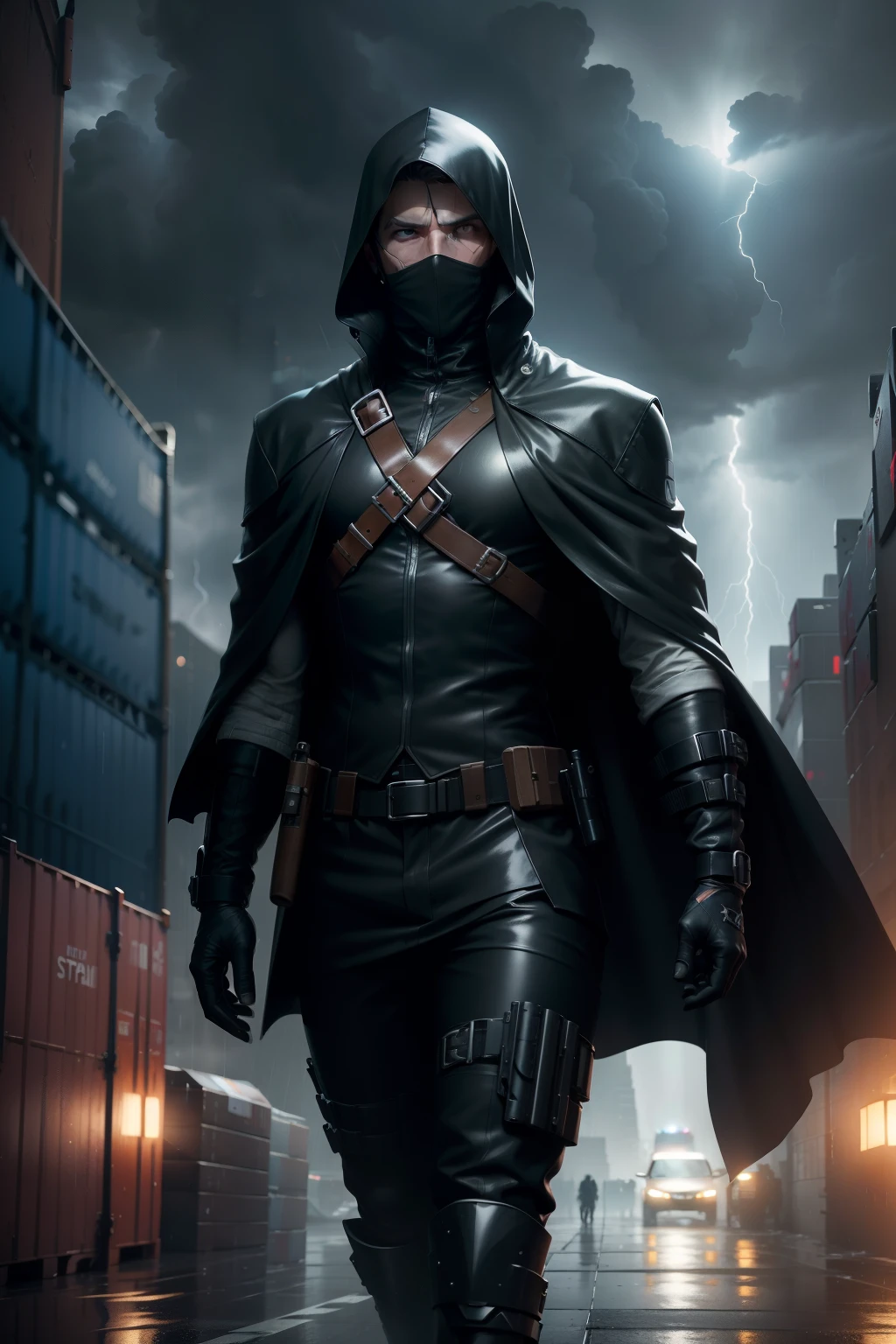 A stealthy spy, clad in a short cape and donning a mask, concealed himself among a shipment in the midst of a relentless storm. The rain pelted down, mercilessly drenching the containers surrounding him, creating a mesmerizing scene of unreal engine style realism. With a gun at the ready, the espionage scene was set against the backdrop of ultra graphics and high-detailed pictures.
The heavy raindrops created a deafening symphony, mixing with the ominous rumble of thunder. The lens flare from the occasional lightning illuminated the scene, casting dynamic shadows across the shipment. Ray tracing reflections d