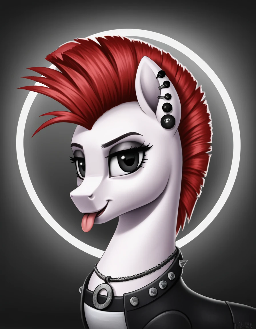 (best quality,ultra-detailed,highres,realistic:1.2),portrait,painterly,gothic pony,black eyes,Mohawk,red hair,spiky necklace,spiky bracelet,stud earrings,tongue out,black pants,white crop top,dark atmosphere,mysterious background,contrasting lights,subtle shadows,vivid colors