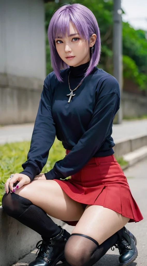 AYANE, purple hair, (melhor qualidade,ultra-detalhado,Realista:1.37), lindo rosto detalhado,Simetria perfeita,corpo perfeitamente modelado,Maquiagem perfeita,cores vivas,studio lighting