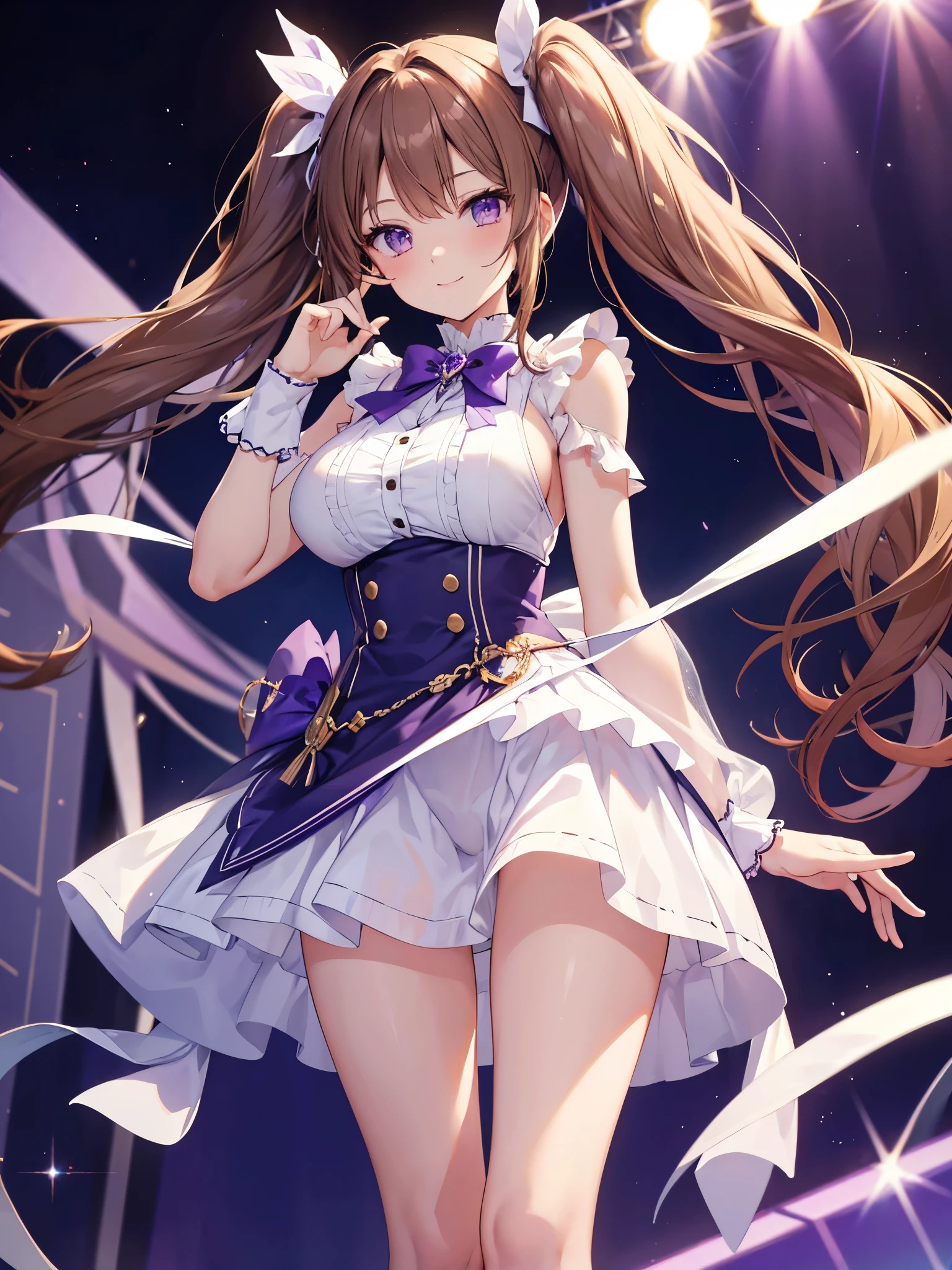 highest quality, all limbs, full finger, Slender beauty, straight hair, brown hair, white and purple idol costume, white panties, high socks, beautiful big breasts, live stage, smile, twintail,