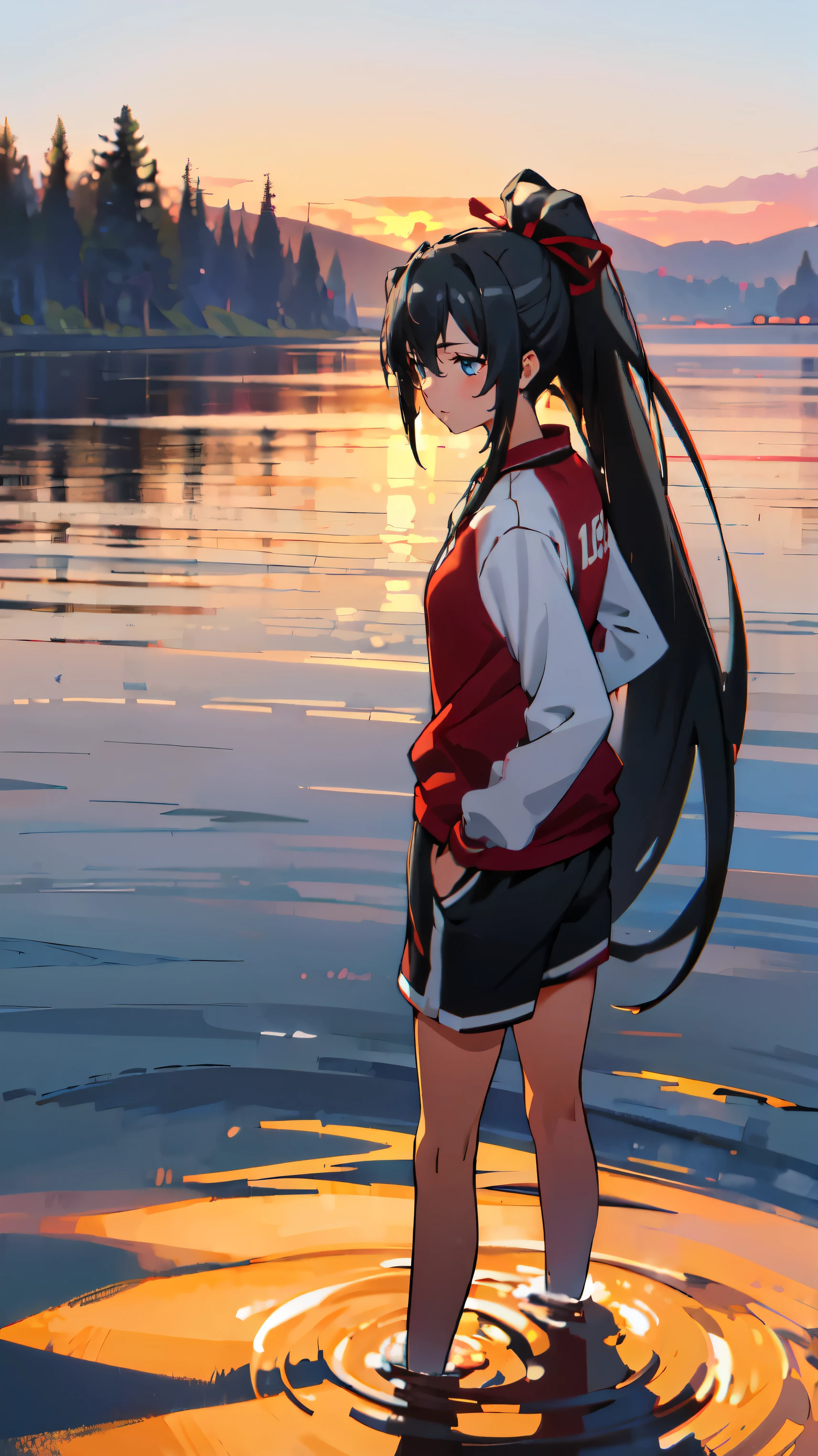hair_Ponytail Ribbon,Black hair, blue eyes, long hair, Smile , Yukinoshita Yukino ,Red Blumma, red track suit,Stand in the middle of the lake,(Sunset),((Full body)),panorama, UHD, masterpiece, anatomically correct, anatomically correct, ccurate, textured skin, highres