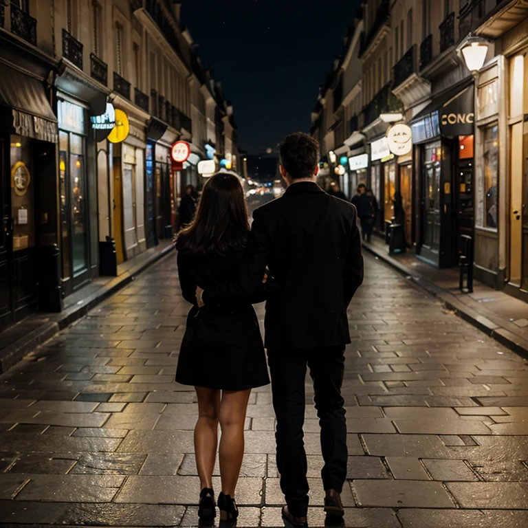 Couple man and woman with Paris background at night looking towards the city of Paris