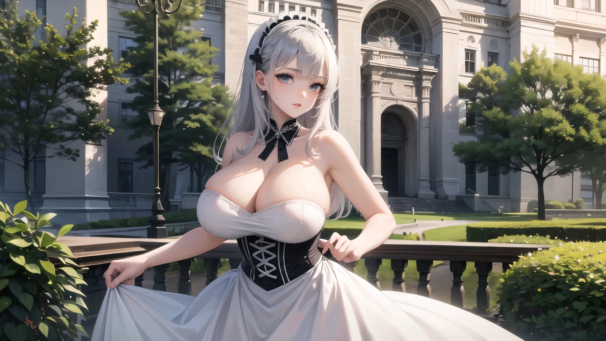 (((masterpiece, best quality))), (((superior quality))), cute girl, ((extremely detailed girl)), ((huge breasts)), maid, (bare shoulders), strapless top