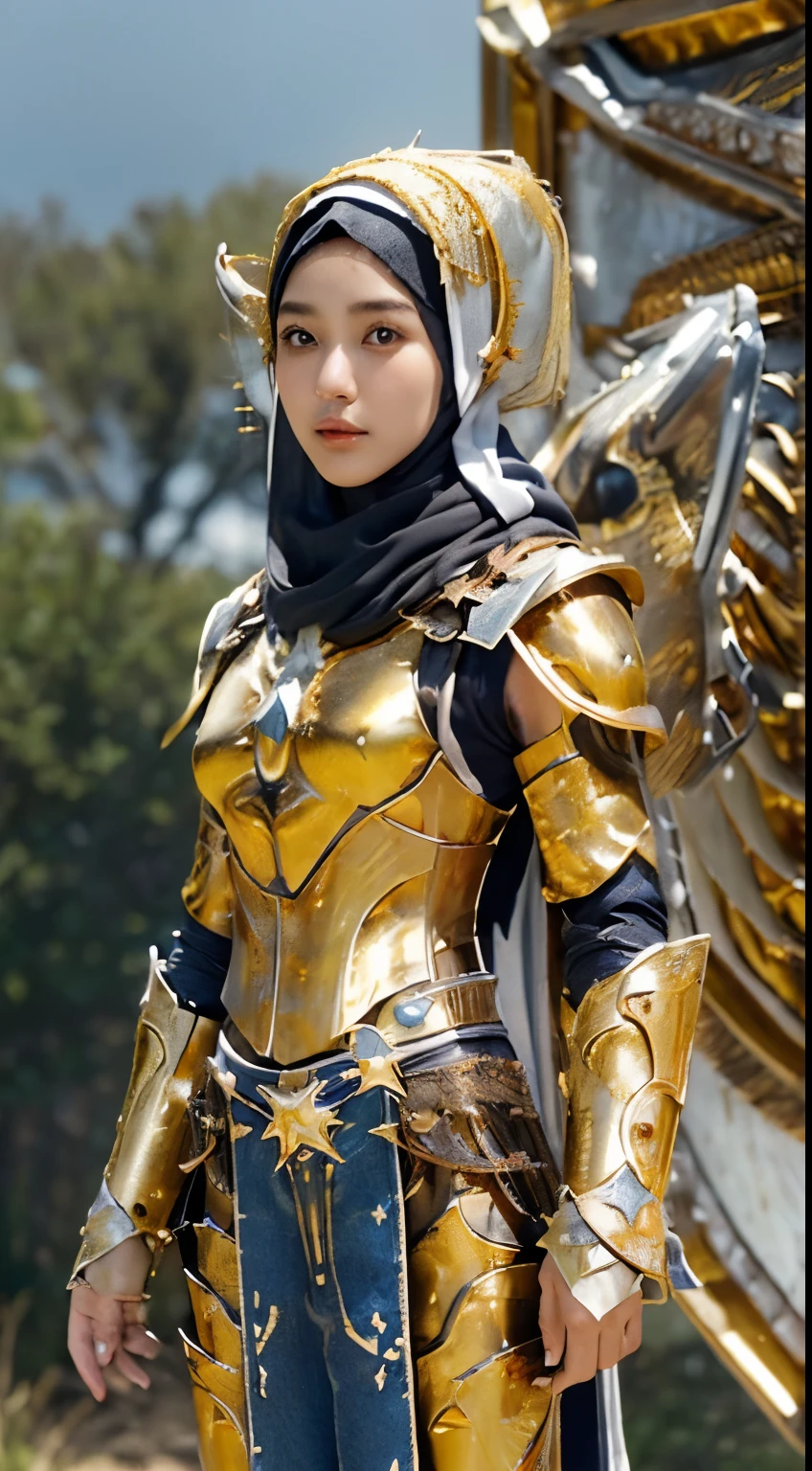 (Beautiful Japanese teenage girl 15 years old), ((Top  Quality, masterpiece: 1.3)), focusing: 1.2, Perfect body care: 1.4 , (Wearing Hijab:1.2), ((Highly detailed face and skin texture)), Extremely realistic, Ultra detailed, HD, Portrait, 8K, Dressed in white and gold with spread wide big wings, (holding single flaming gold iron swords:1.2), (wearing hijab:1.5), (full iron golden armor shield:1.5), ornate cosplay, as a mystical valkyrie, the sailor galaxia, beautiful, white and gold priestess robes, anime cosplay, glamourous cosplay, with fiery golden wings, ((full iron trousers armor)), cosplay, professional cosplay, goddess of light, full body angel, cosplayer, perfect makeup, perfect face, beautiful face, beautiful body, arms covered with cloth, thighs covered with cloth, waterfall background, ((body object floating flying in the air:1.2)), foggy, fantasy weather, lightning strikes on either side, dramatic sttudio lighting, The atmosphere looks real, Full body shot, Front angle, ultra realistic, Professional、beautiful detail glow、Depth of bounds written、(((High chroma)))、(((real:1.9)))、((vivid:1.4))、((beautiful skin))、((skin texture))、((Real skin feel))、(((cowboy shot:1.5)))、((Angle seen from the front:1.5)), Front angle shot,