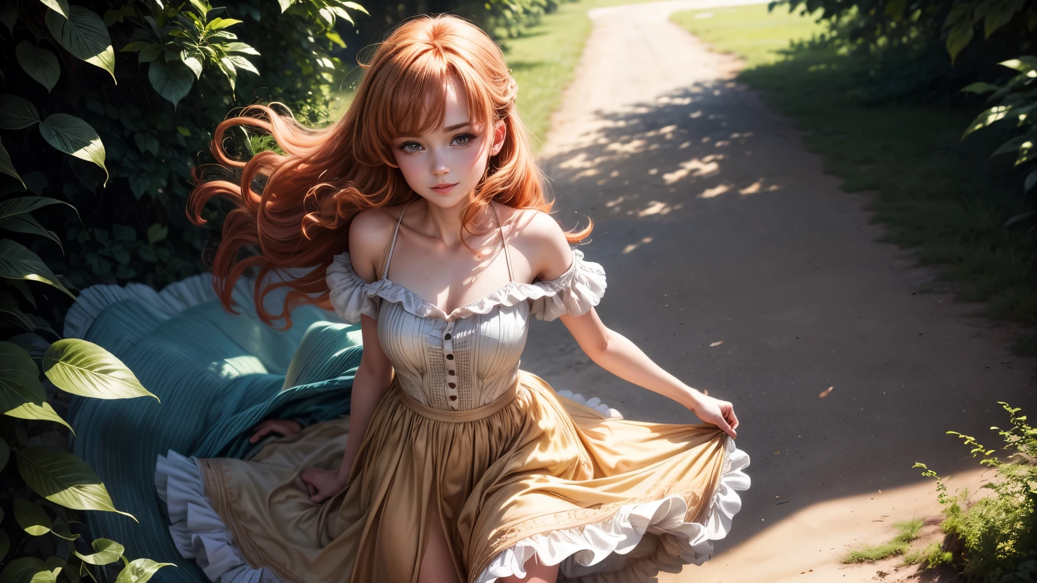 8k, masterpiece, ta, ginger hair, ginger eyebrows, she's looking at you, bare shoulders, delicate legs, plated skirt, looking at the viewer, Looks straight into your eyes, her gaze is directed at you, Sunlit, Frolicking happily, small smile, colorful Dress with skirt, Frickles, forrest on a windy day, sunlit day, flirting cousin, Love