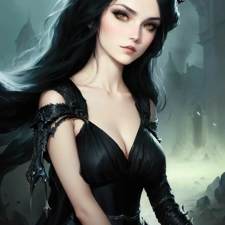 a close up of a woman in a black dress holding a sword, gothic fantasy art, dark fantasy style art, fantasy woman, dark fantasy art, epic fantasy art style hd, beautiful fantasy art portrait, dark fantasy mixed with realism, beautiful character painting, fantasy art style, fantasy dark art, beautiful fantasy art, earley, cute face. dark fantasy