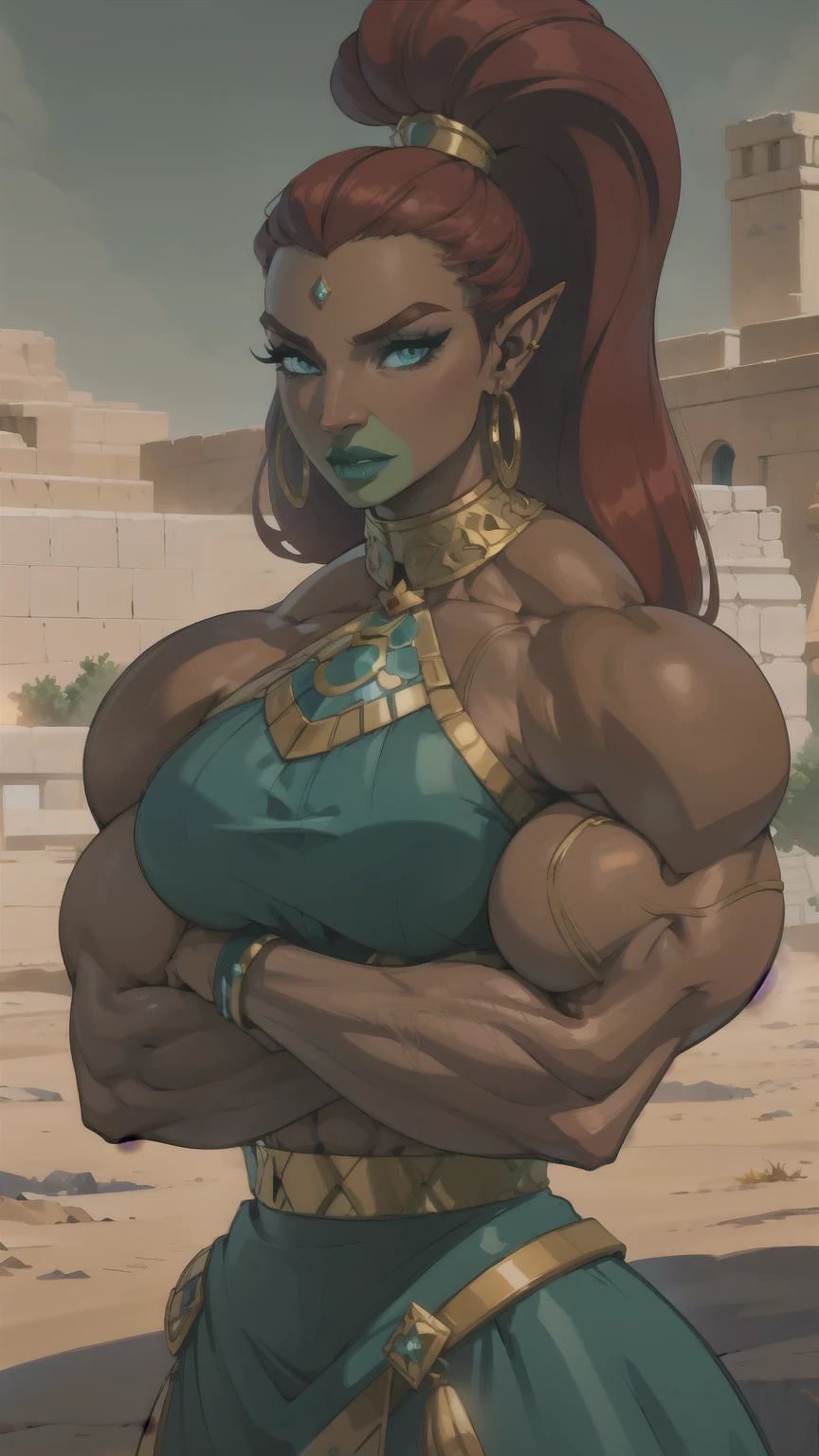 ((best quality)), ((highly detailed)), masterpiece, (detailed eyes, deep eyes), (1girl), full body, gerudo, very long hair, red hair, muscular female(dark skin), big nose, green lips, lipstick, large bust,gold jewelry, cyan clothes, outside, in a desertcinematic scenery, cinematic lighting, wallpaper