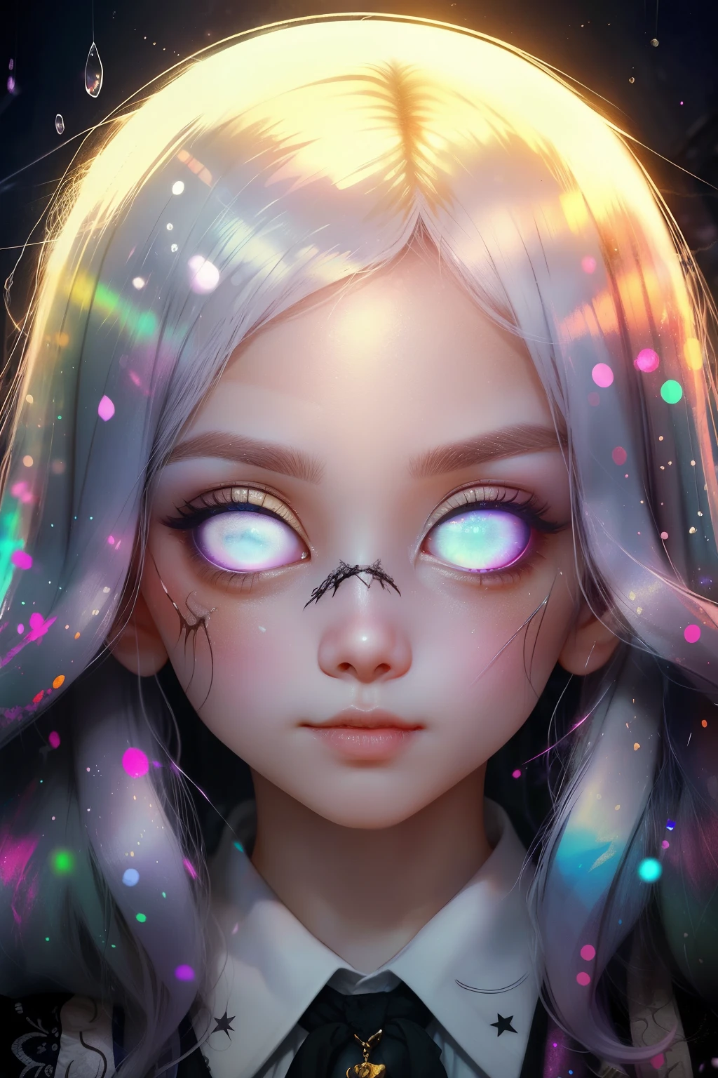 (This is a beautiful fantasy image that feels interesting.) Generate a (blind) decora Harajuku woman with curly hair and milky white eyes. Her face is important should be perfectly formed with puffy lips and perfect features. (Her eyes are important and are blank white and solid white.) Her clothing is colorful and torn, giving the appearance of a zombie apocalypse. Utilize dynamic composition to create a compelling and interesting image that appeals to viewers. She has clear skin. Use dramatic lighting and cinematic lighting to enhance the overall quality of the image. Fantasy, cute, colorful, compelling, energetic, (shirome eyes:1.3), (smirking), ((no pupils)), ((no irises)), ((((blank eyes, empty eyes))))