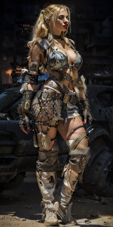 Um Dodge Viper grunge e todp armado no estilo Mad Max, behind a beautiful blonde warrior with red lipstick and armed with a pistol, on the other side a warrior like a character from Mad Max and holding a gun and in the background buildings of a post-apocalyptic city with destroyed buildings and burning at sunset